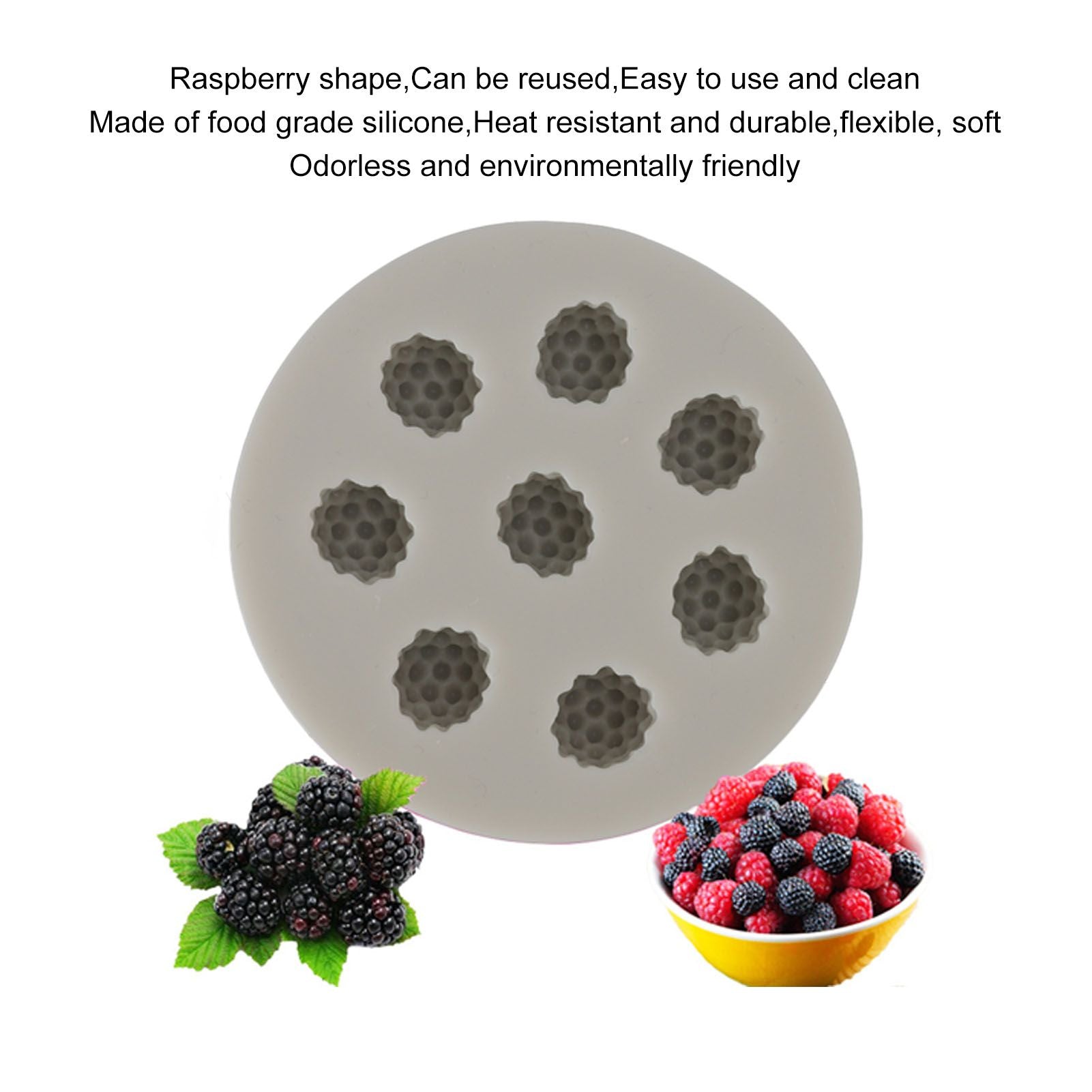 3Pcs Silicone Mold Raspberry Shape Easy Demoulding Flexible Soft Grey Baking Mold for DIY Cake Fondant V1294-YM0523-3118220056311