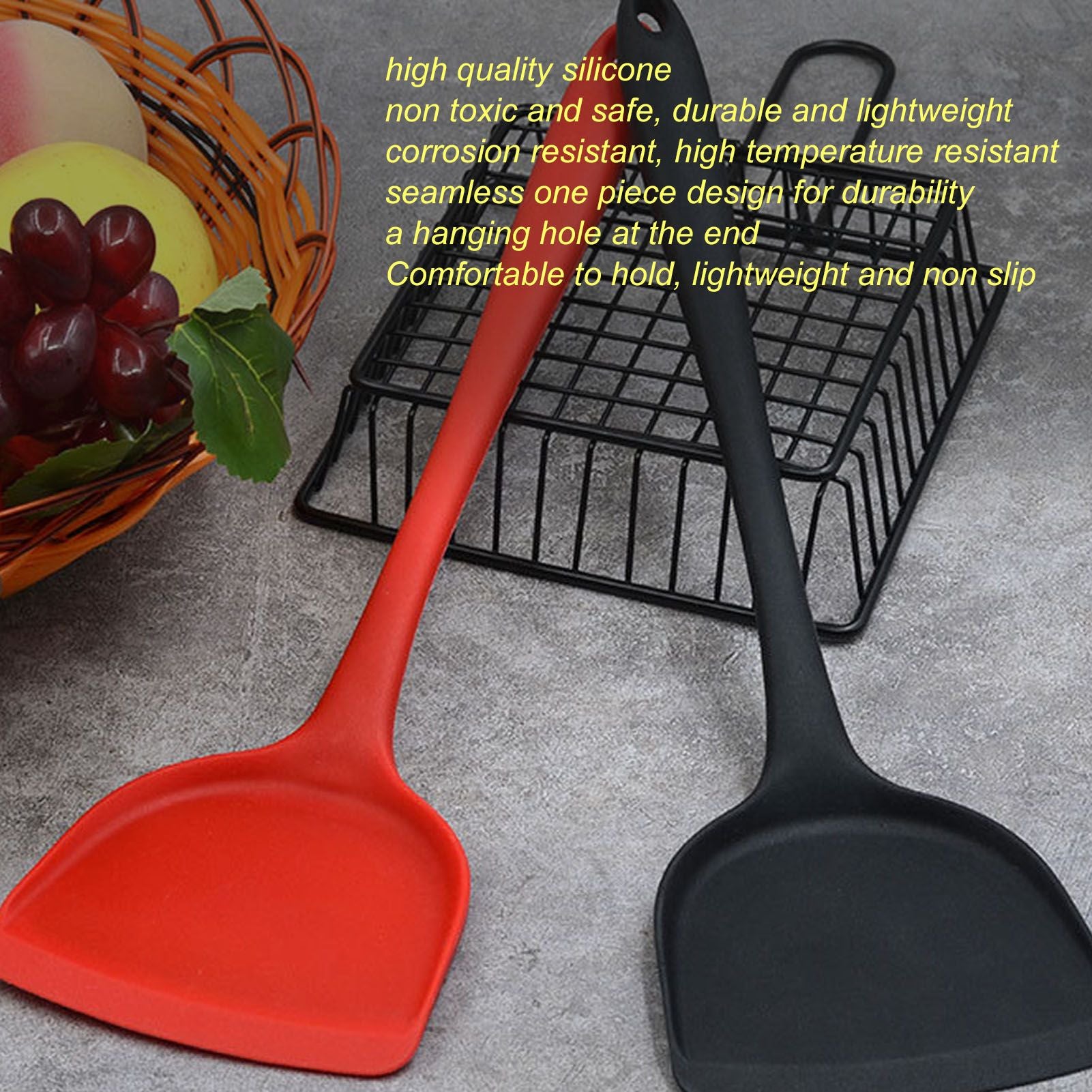 5Pcs Cooking Spatula with Hanging Hole Ergonomic Prevent Scalding Chinese Silicone Spatula for Kitchen Black V1294-YM0523-3118220058611