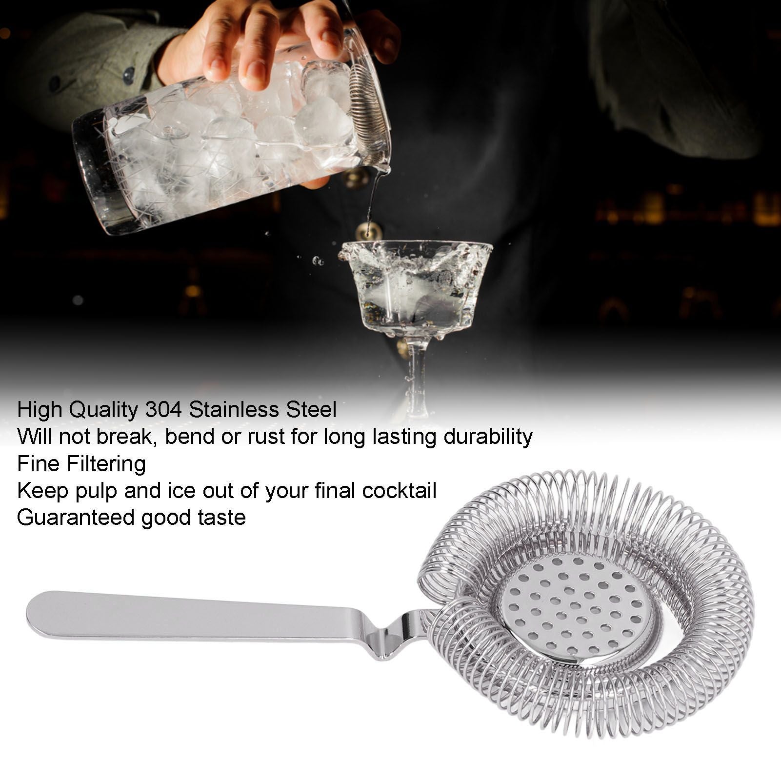 Bar Strainer Fine Filtering Professional Stainless Steel Cocktail Strainer for Bartending Restaurant Party V1294-YM0523-3118220067314