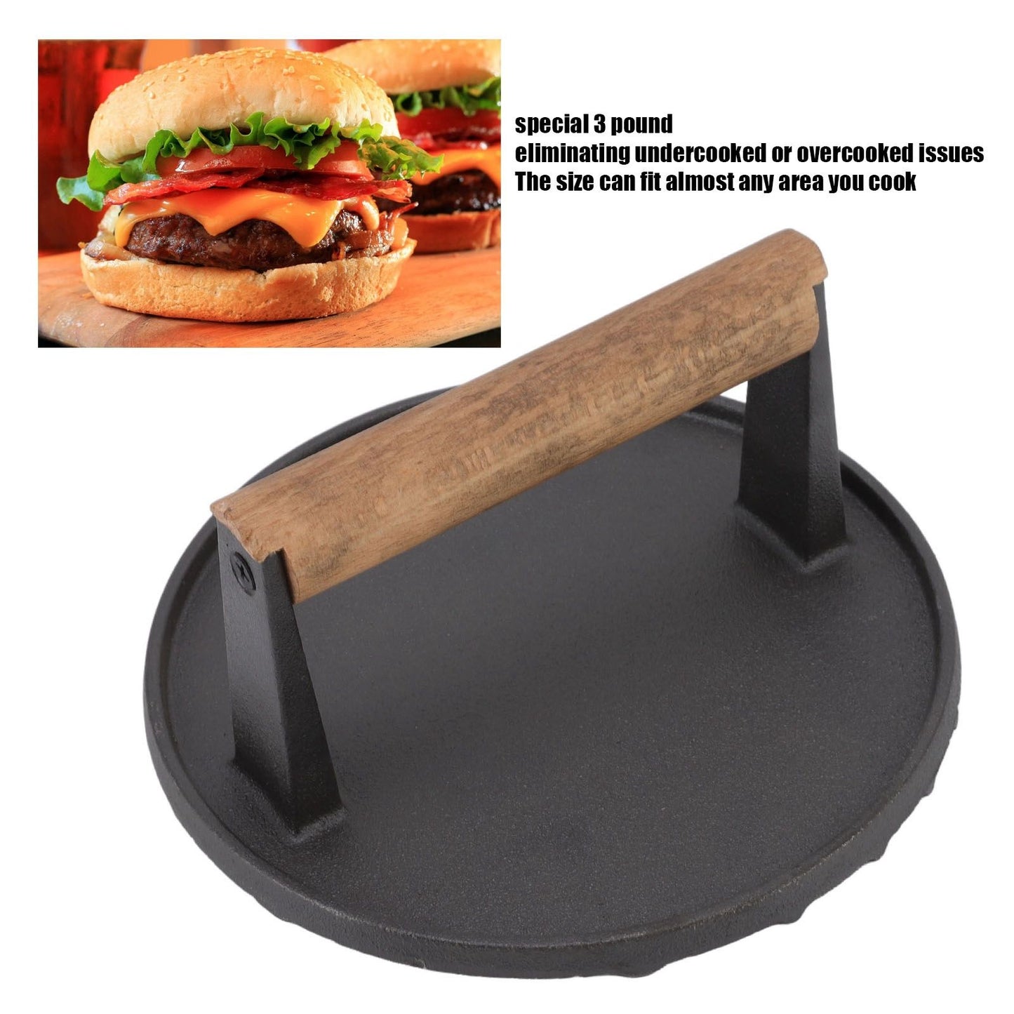 Cast Iron Grill Press Round Heavy Duty 3 Lbs Prevent Scalding Burger Press with Handle for Kitchen V1294-YM0523-3118220068911