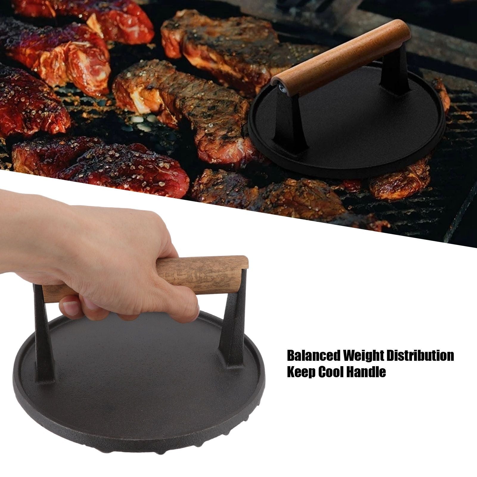 Cast Iron Grill Press Round Heavy Duty 3 Lbs Prevent Scalding Burger Press with Handle for Kitchen V1294-YM0523-3118220068911