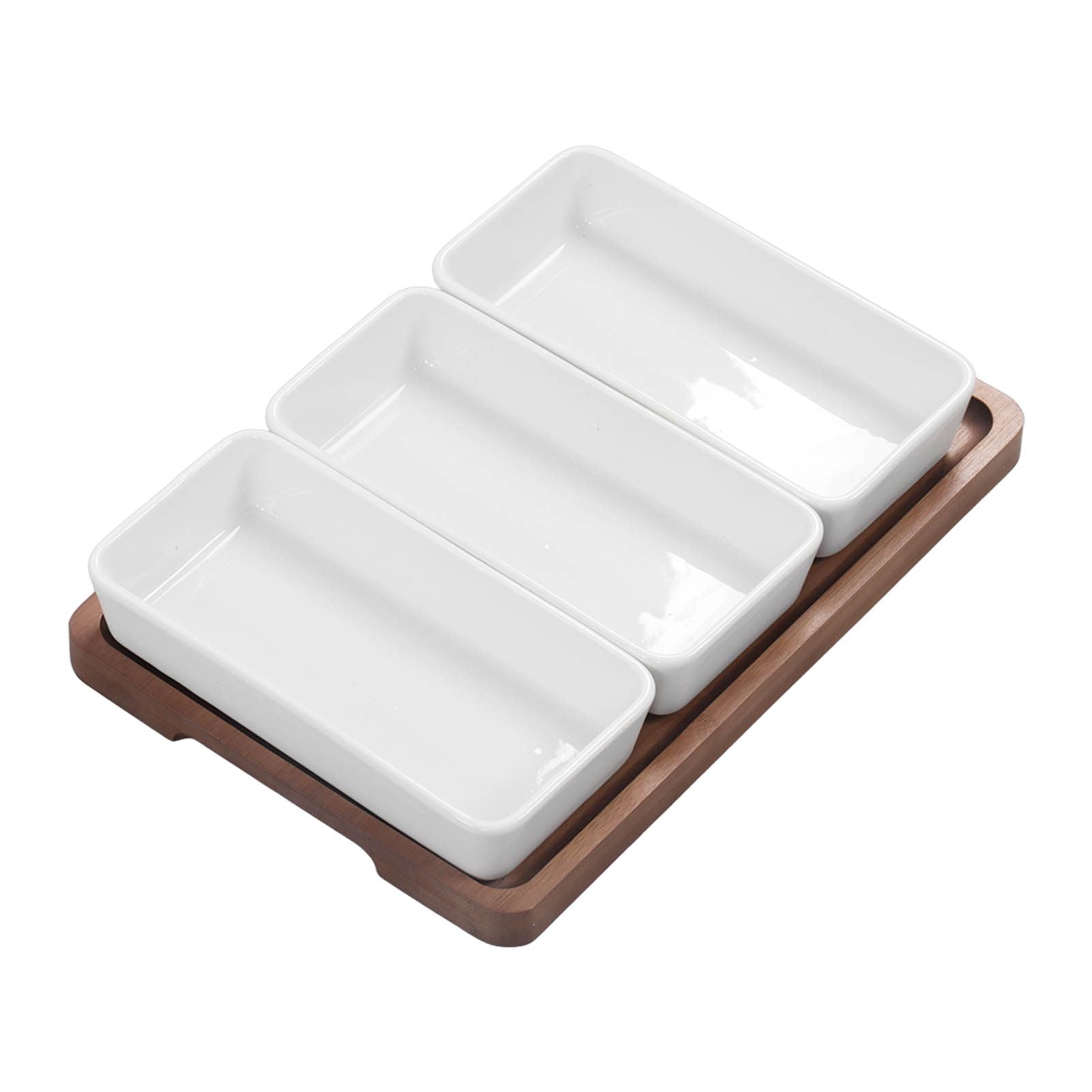 Snack Serving Tray Coffee Ceramic Segmented Long Strip Dishes Set with Bamboo Pallets for Cookies Nuts Bread V1294-YM0523-3118220075611