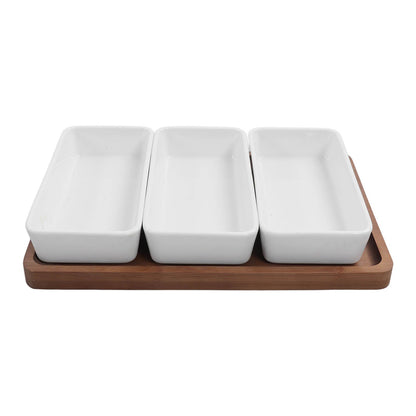 Snack Serving Tray Coffee Ceramic Segmented Long Strip Dishes Set with Bamboo Pallets for Cookies Nuts Bread V1294-YM0523-3118220075611