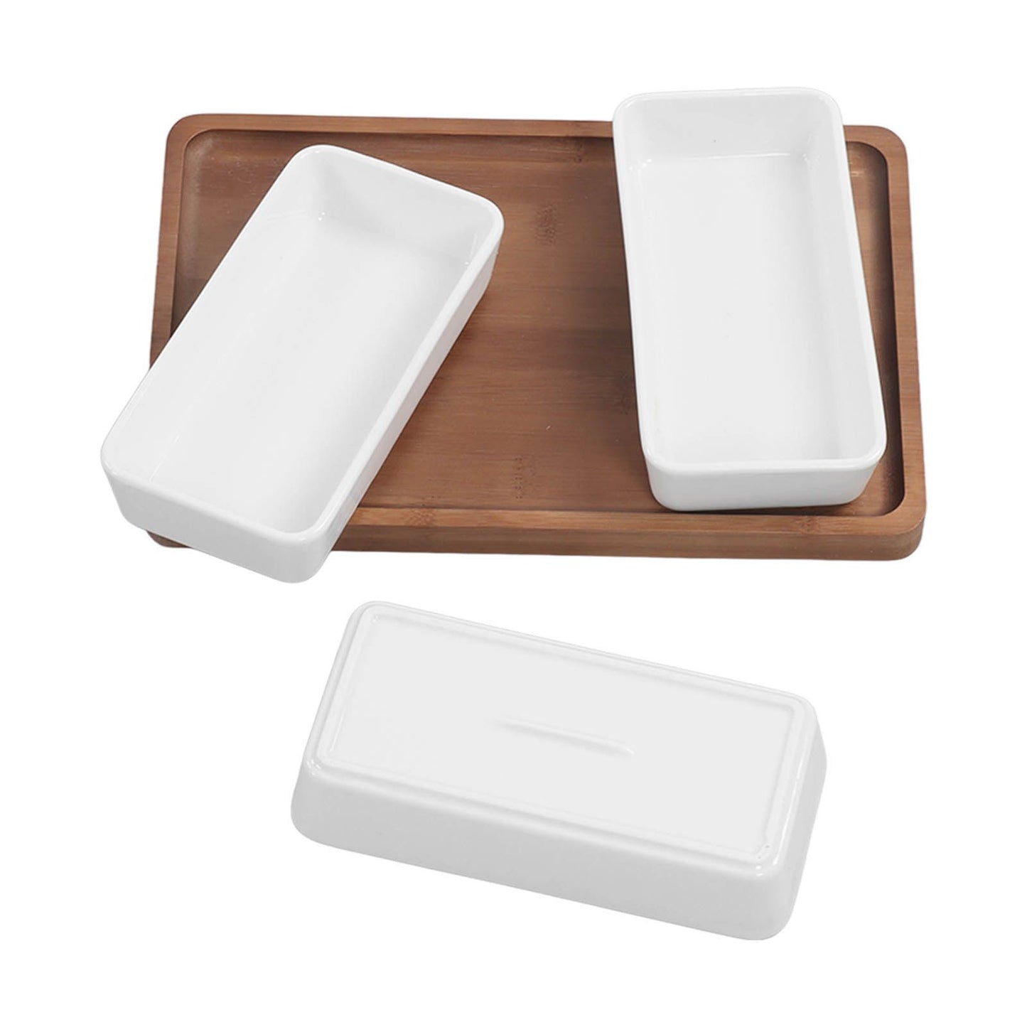 Snack Serving Tray Coffee Ceramic Segmented Long Strip Dishes Set with Bamboo Pallets for Cookies Nuts Bread V1294-YM0523-3118220075611
