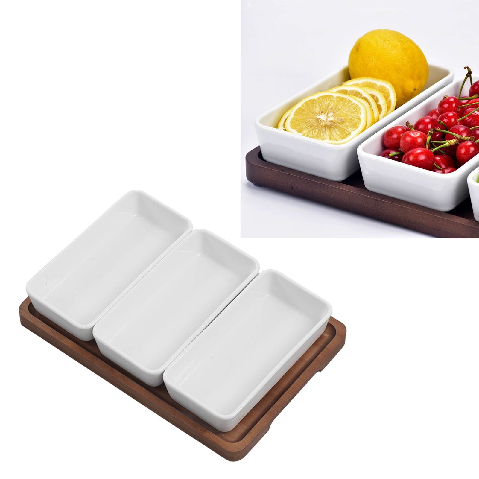 Snack Serving Tray Coffee Ceramic Segmented Long Strip Dishes Set with Bamboo Pallets for Cookies Nuts Bread V1294-YM0523-3118220075611