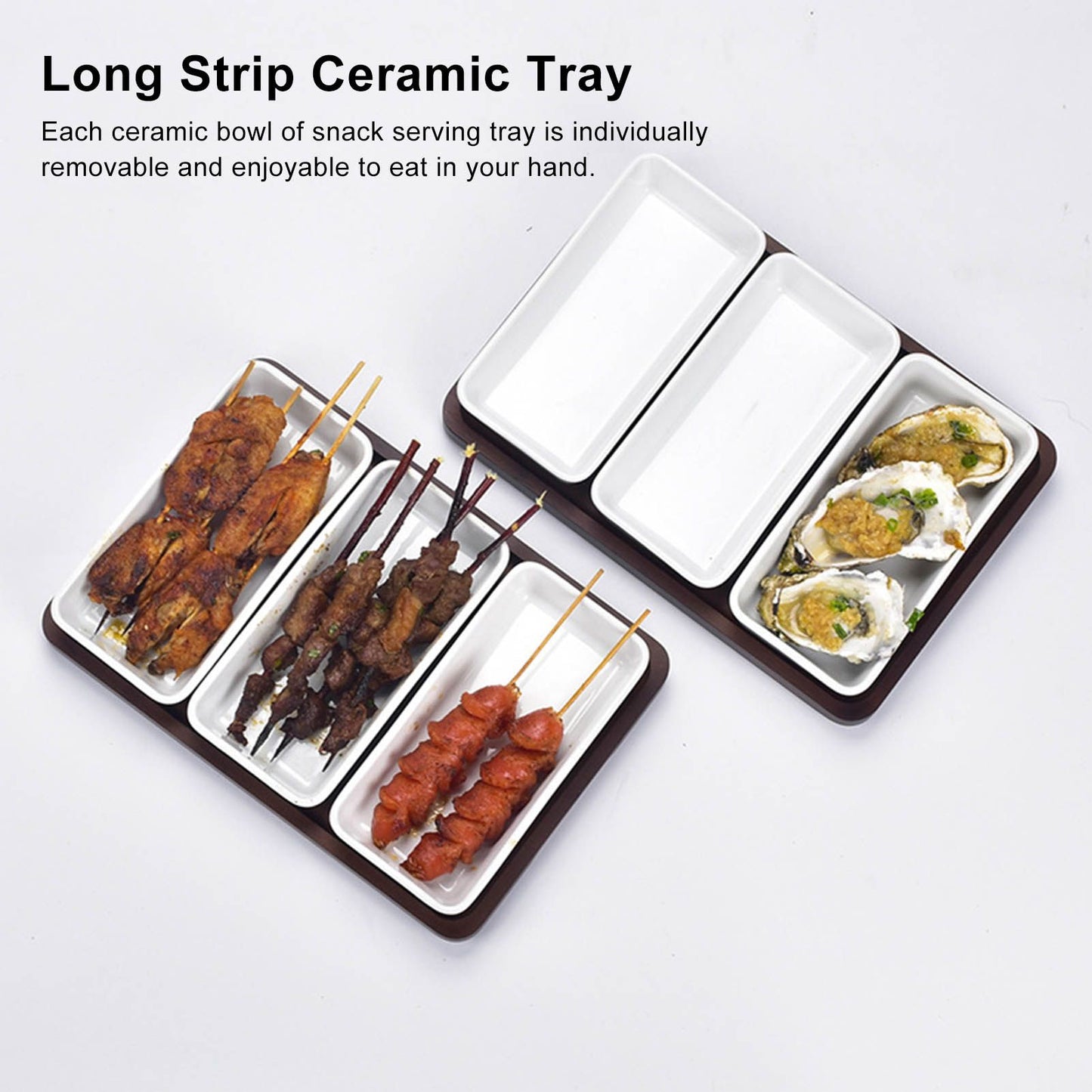 Snack Serving Tray Coffee Ceramic Segmented Long Strip Dishes Set with Bamboo Pallets for Cookies Nuts Bread V1294-YM0523-3118220075611