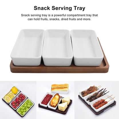 Snack Serving Tray Coffee Ceramic Segmented Long Strip Dishes Set with Bamboo Pallets for Cookies Nuts Bread V1294-YM0523-3118220075611