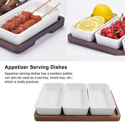 Snack Serving Tray Coffee Ceramic Segmented Long Strip Dishes Set with Bamboo Pallets for Cookies Nuts Bread V1294-YM0523-3118220075611