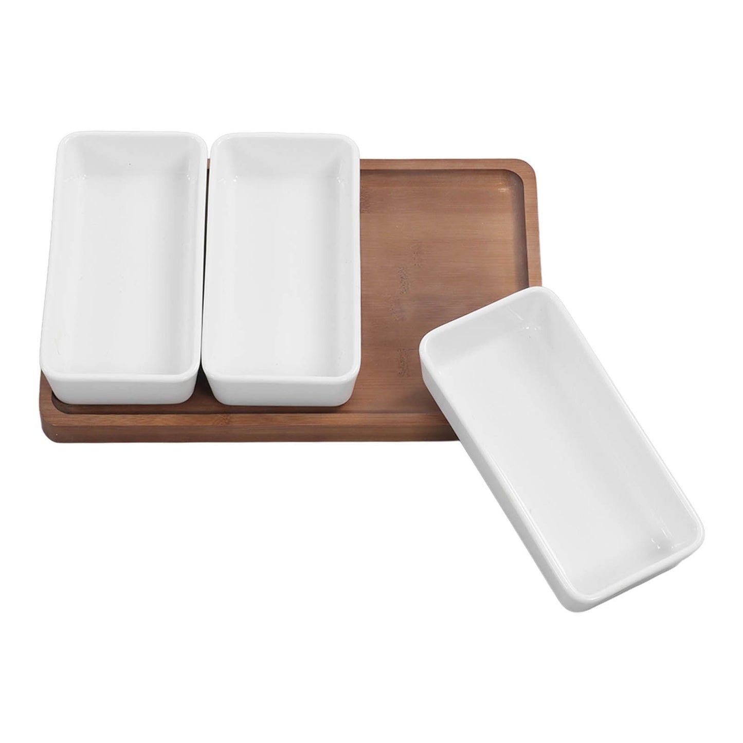 Snack Serving Tray Coffee Ceramic Segmented Long Strip Dishes Set with Bamboo Pallets for Cookies Nuts Bread V1294-YM0523-3118220075611