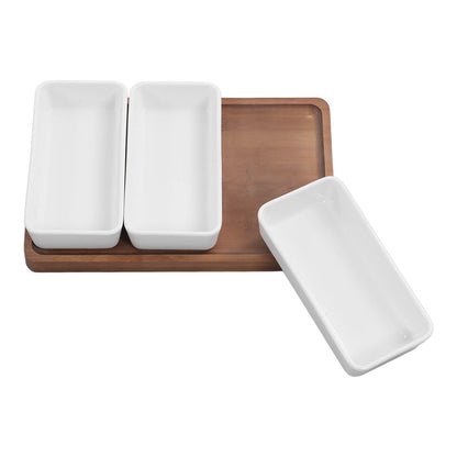 Snack Serving Tray Coffee Ceramic Segmented Long Strip Dishes Set with Bamboo Pallets for Cookies Nuts Bread V1294-YM0523-3118220075611