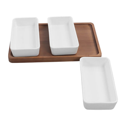 Snack Serving Tray Coffee Ceramic Segmented Long Strip Dishes Set with Bamboo Pallets for Cookies Nuts Bread V1294-YM0523-3118220075611