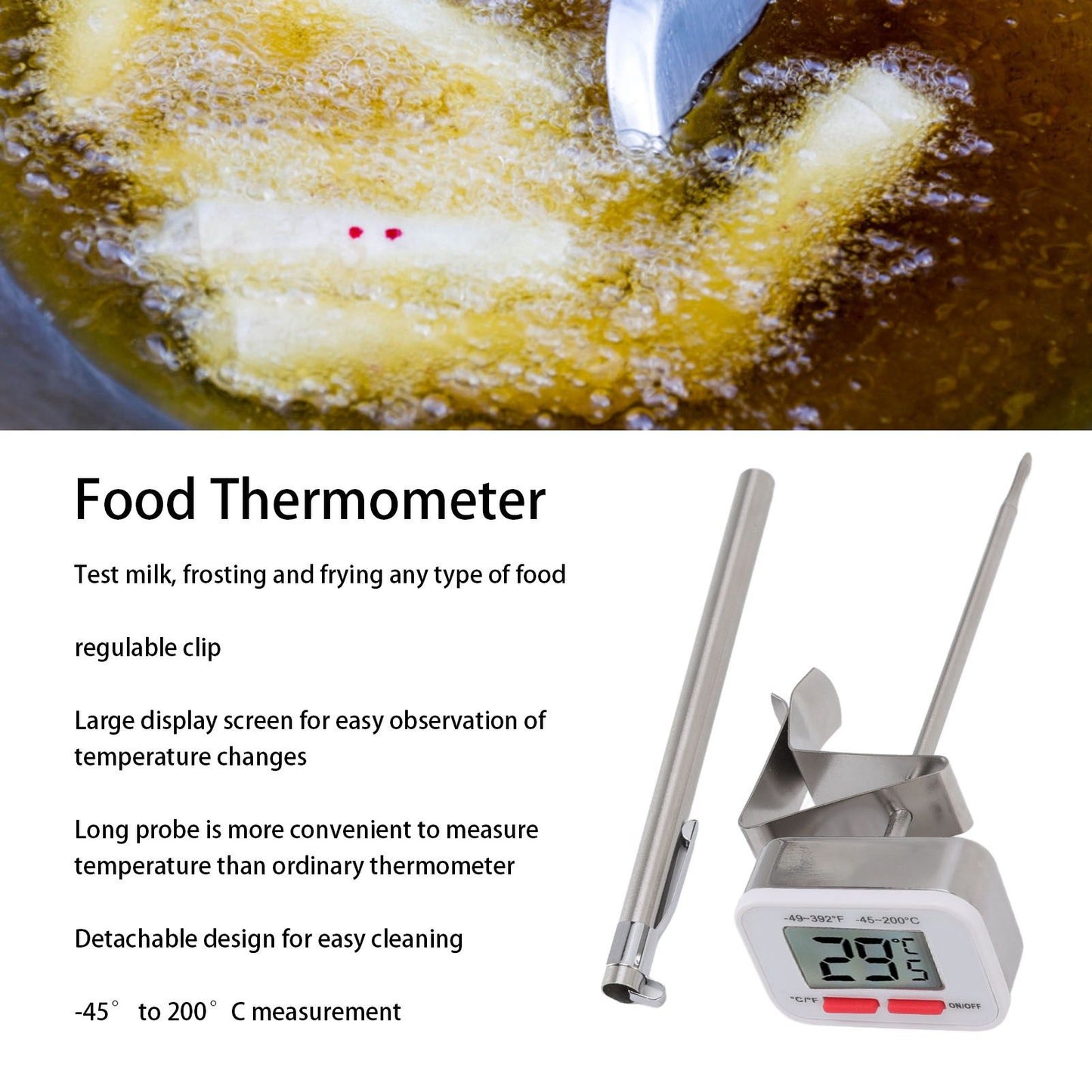 Food Thermometer Regulable Clip Large Display Screen Detachable Stainless Steel White Kitchen Thermometer V1294-YM0523-3118220079611