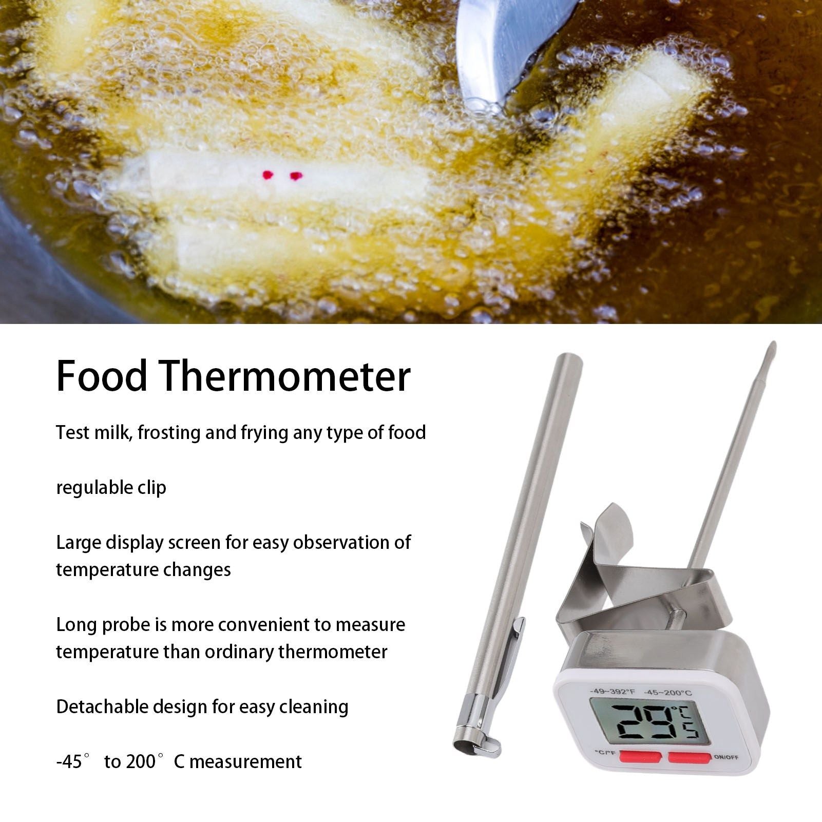 Food Thermometer Regulable Clip Large Display Screen Detachable Stainless Steel White Kitchen Thermometer V1294-YM0523-3118220079611
