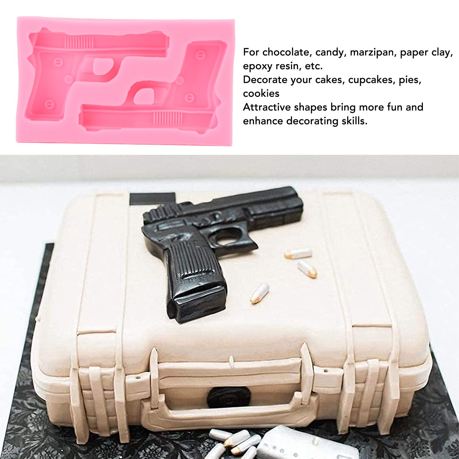 3D Weapon Shape Silicone Molds Pistol Shaped Baking Molds for Making Cake Chocolate Candy Crafting Pink V1294-YM0523-3118220086611