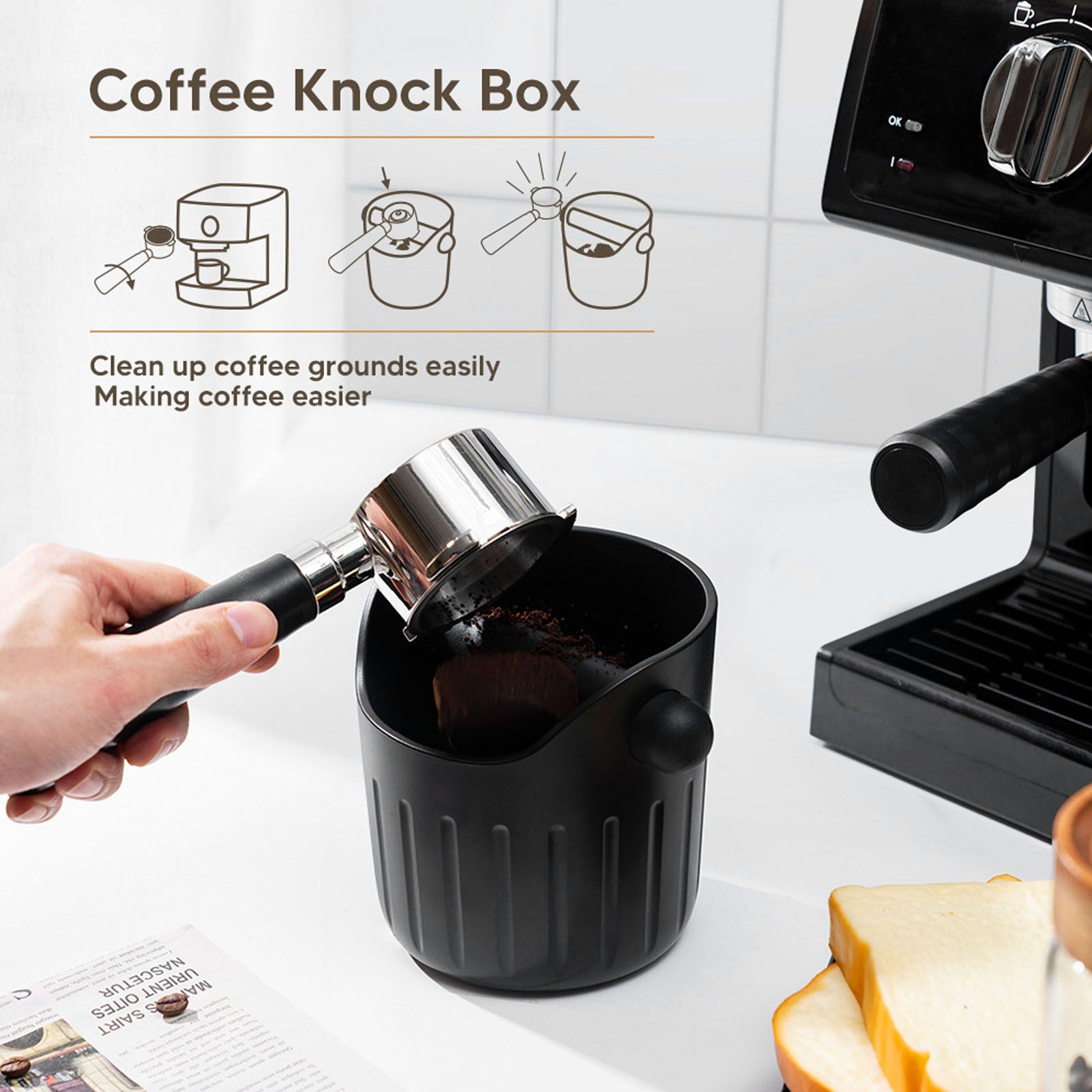 Coffee Grounds Bucket Portable ABS Coffee Knock Box with Skid Resistance Rubber Mat for Home Cafe Bar V1294-YM0523-3118220089211