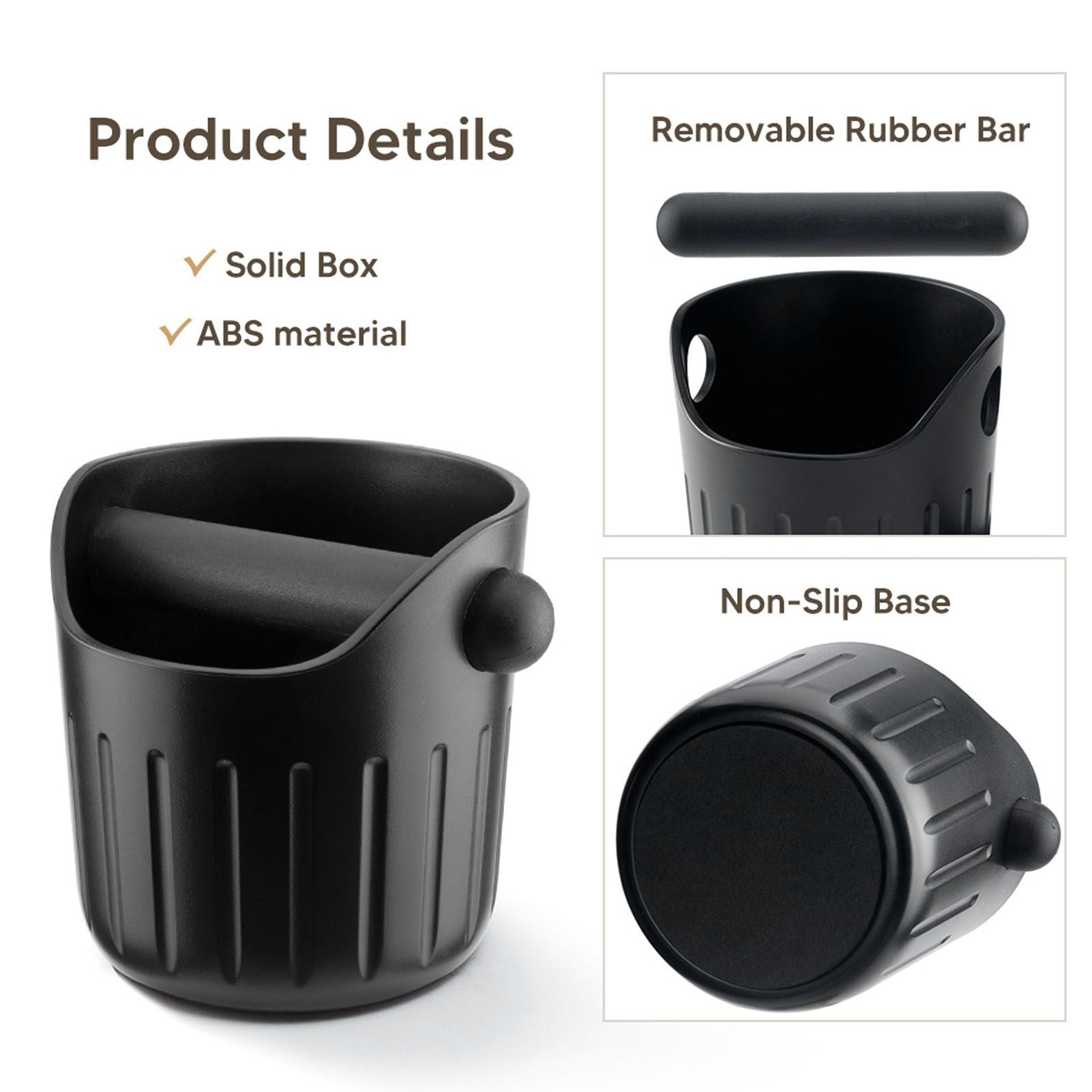 Coffee Grounds Bucket Portable ABS Coffee Knock Box with Skid Resistance Rubber Mat for Home Cafe Bar V1294-YM0523-3118220089211