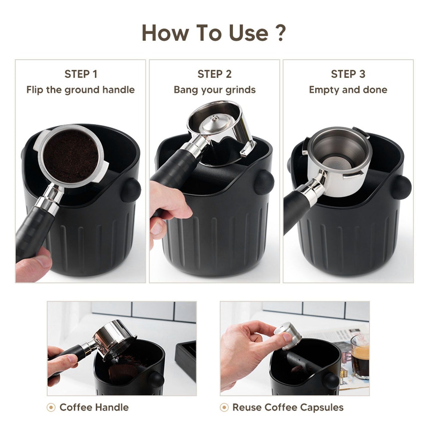 Coffee Grounds Bucket Portable ABS Coffee Knock Box with Skid Resistance Rubber Mat for Home Cafe Bar V1294-YM0523-3118220089211