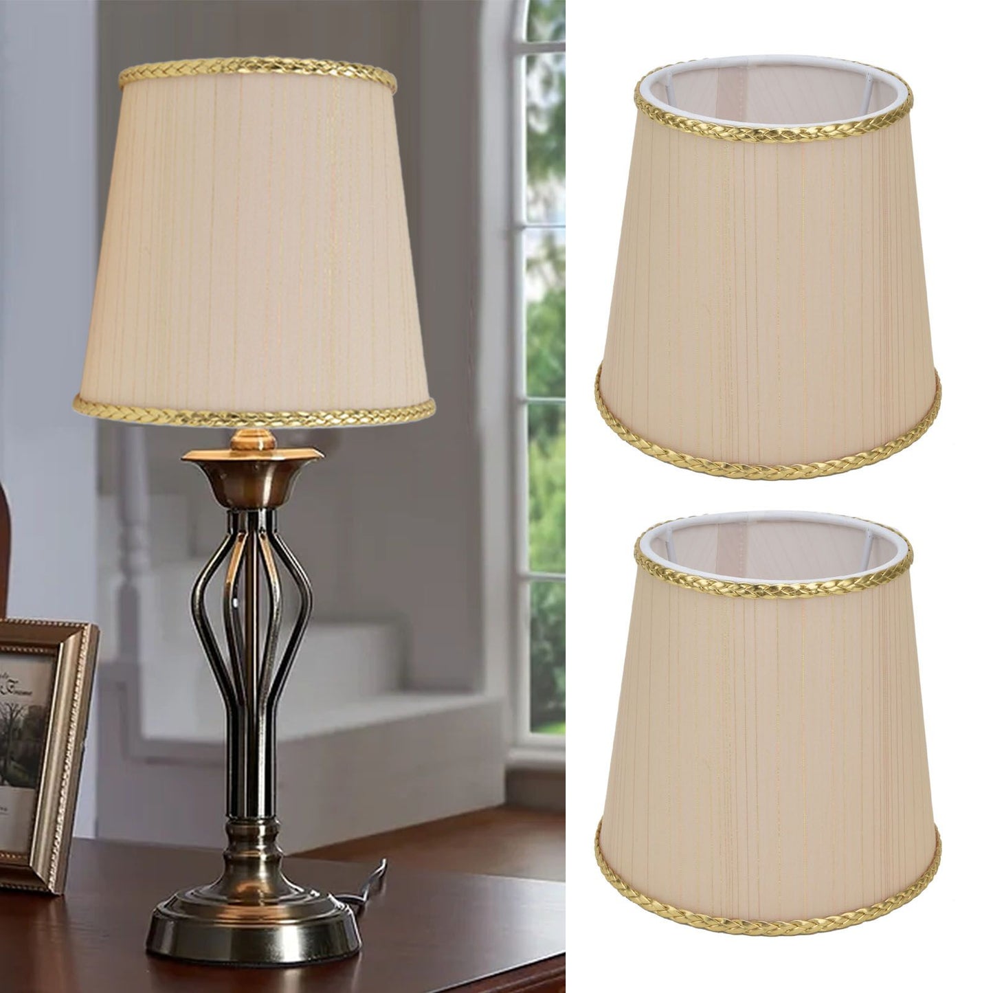 2PCS Small Lamp Shade Fabric Beige Golden Edge Lampshade for E14 Table Chandelier Wall Lamp V1294-YM0523-3119210205411