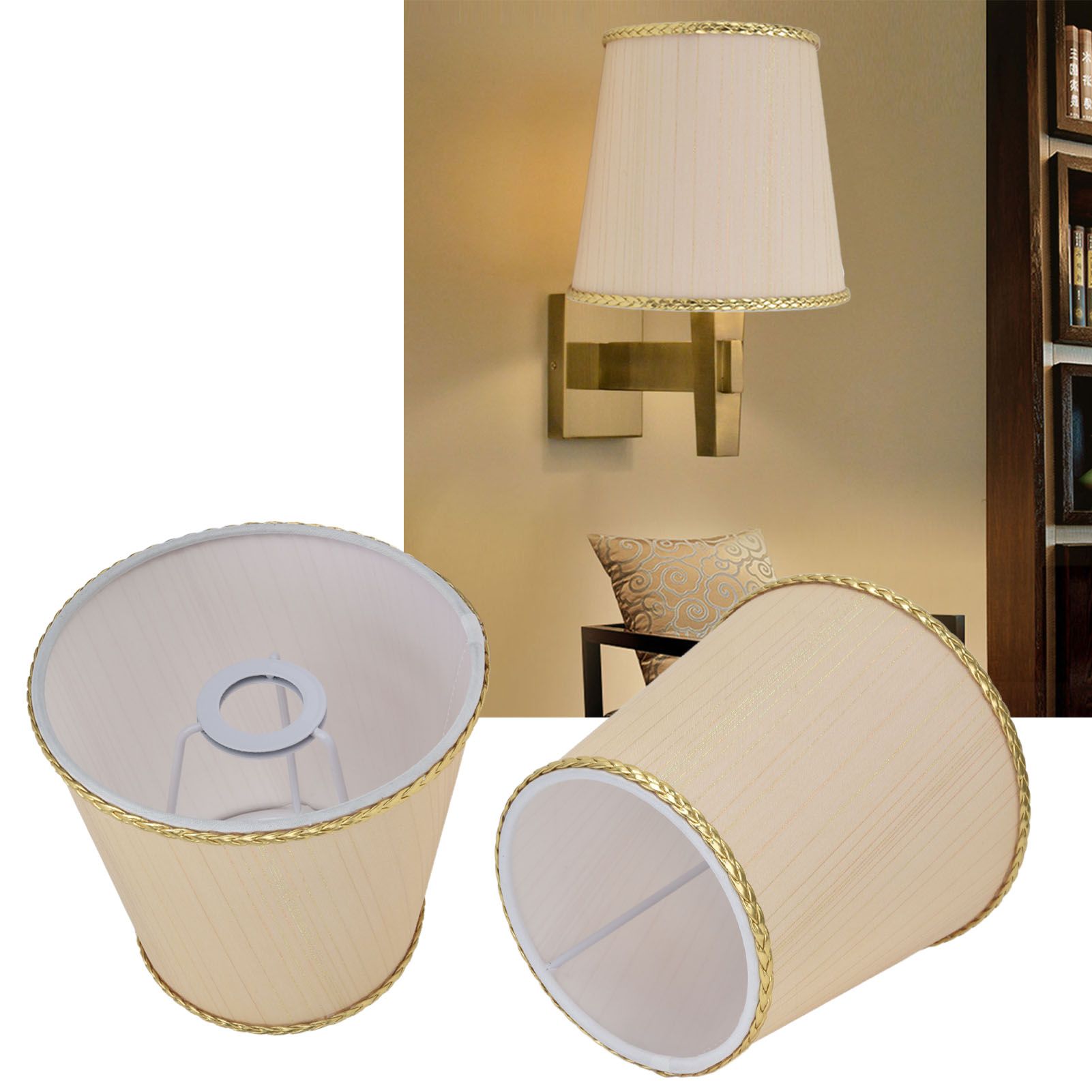 2PCS Small Lamp Shade Fabric Beige Golden Edge Lampshade for E14 Table Chandelier Wall Lamp V1294-YM0523-3119210205411