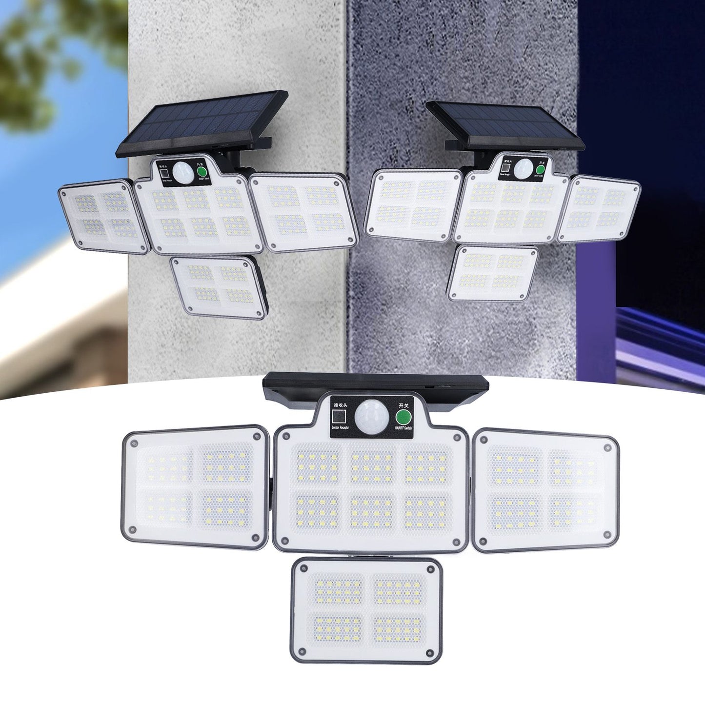 LED Solar Lights Outdoor 4 Adjustable Heads Motion Sensor Light 450LM 3 Modes Wide Angle Wall Light for V1294-YM0523-3119210270711
