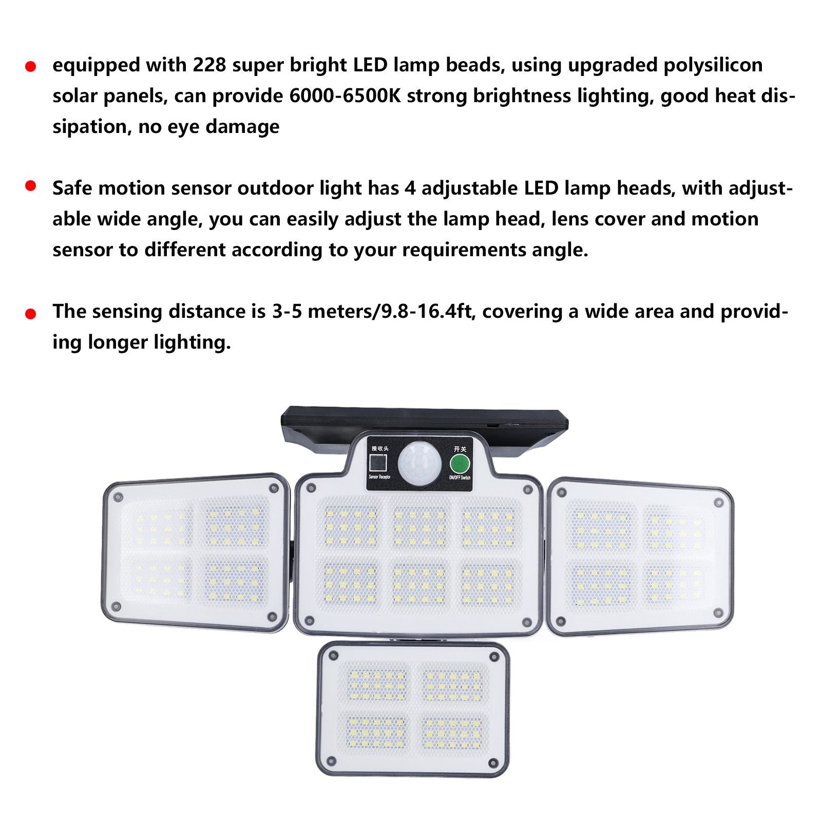 LED Solar Lights Outdoor 4 Adjustable Heads Motion Sensor Light 450LM 3 Modes Wide Angle Wall Light for V1294-YM0523-3119210270711