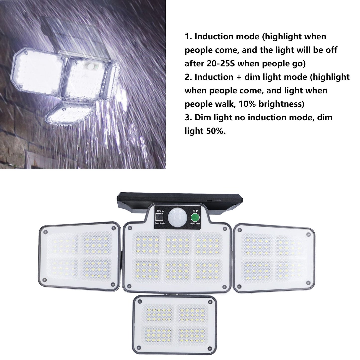 LED Solar Lights Outdoor 4 Adjustable Heads Motion Sensor Light 450LM 3 Modes Wide Angle Wall Light for V1294-YM0523-3119210270711