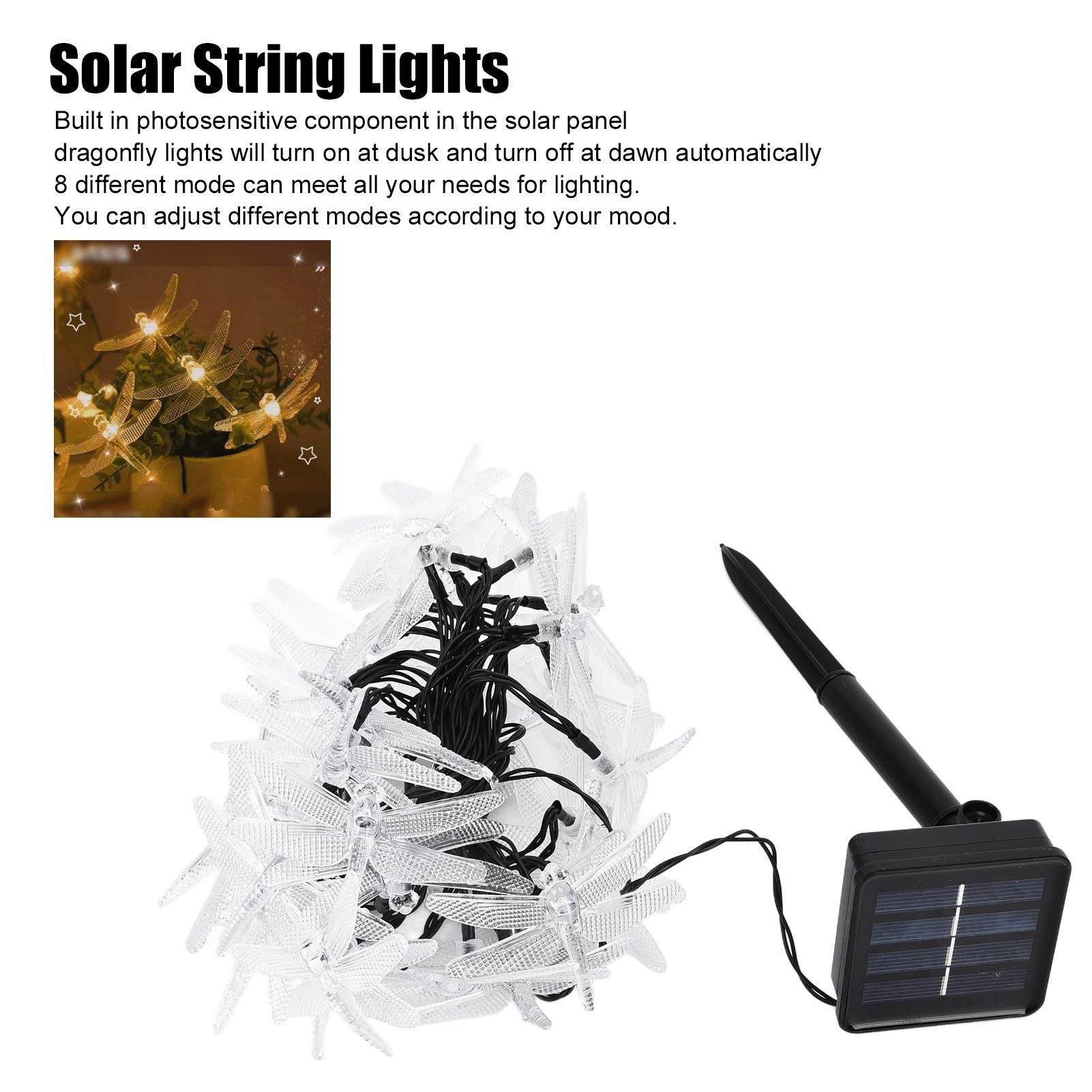 Dragonfly Solar String Lights 30LEDs Solar Powered Fairy Lights Waterproof Outdoor DecorationWarm Light V1294-YM0523-3119210272311