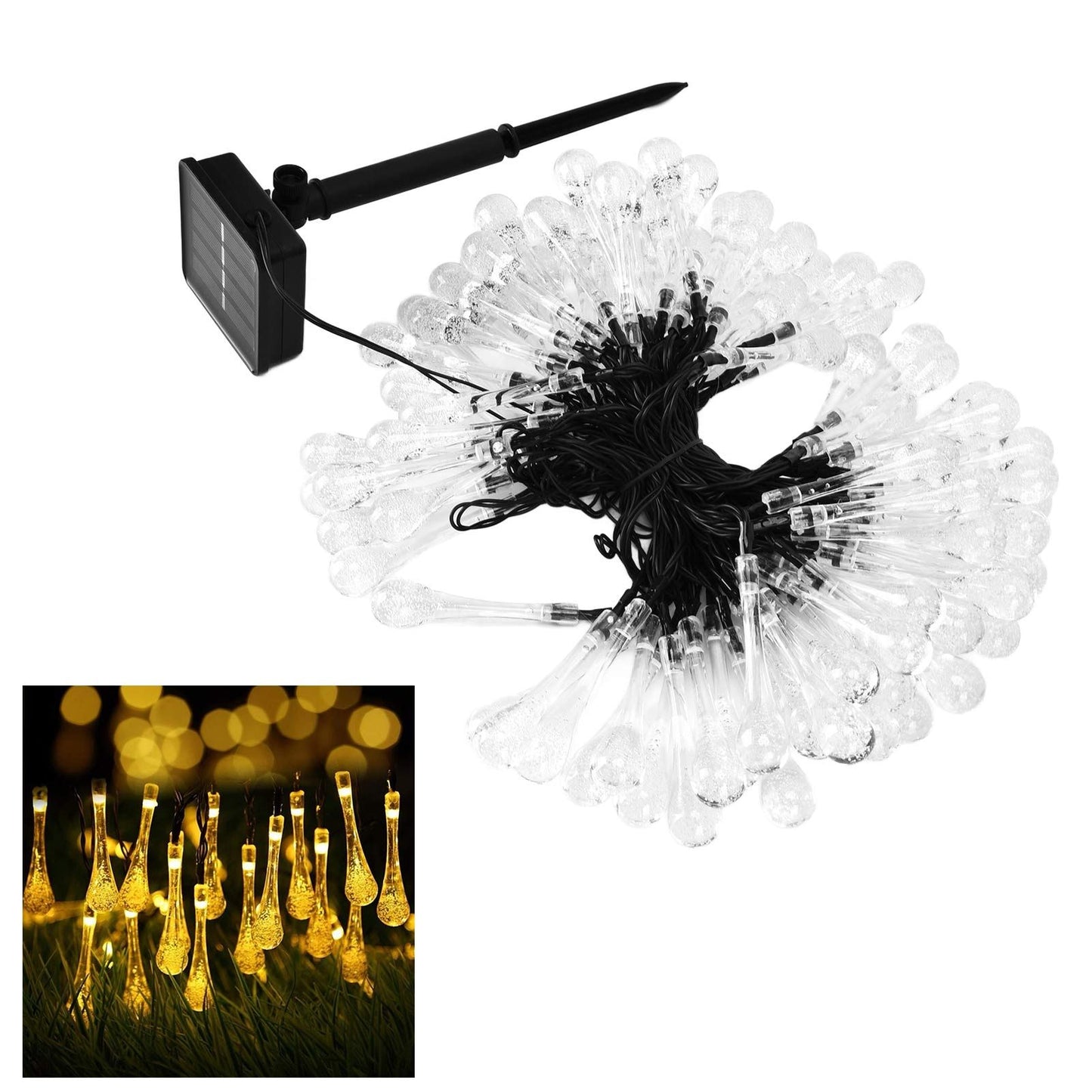 100LEDs String Lights Solar Powered Fairy Lamp 12m/39.3ft Waterproof Drop Shape for Patio Lawn Party V1294-YM0523-3119210272511