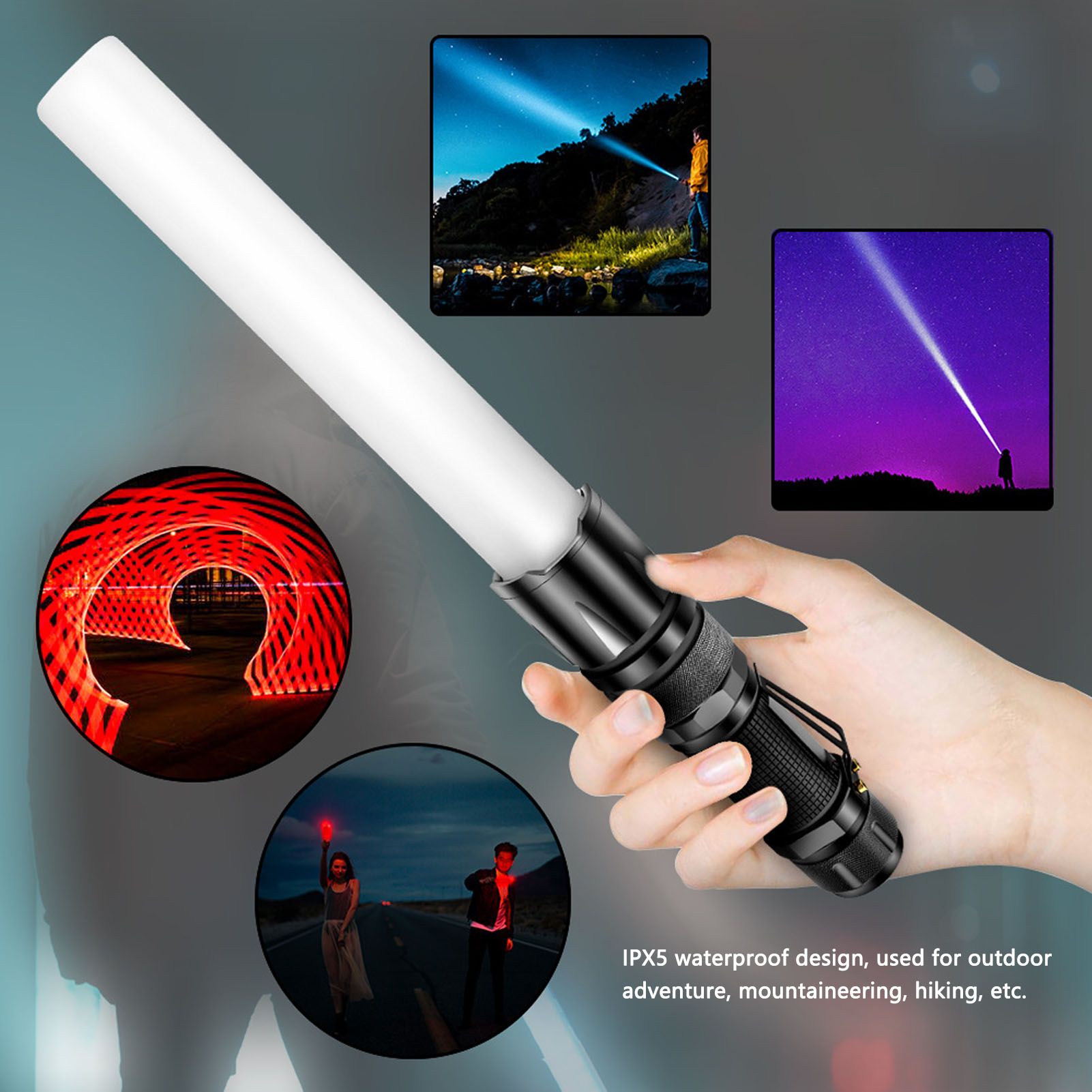 RGBW Flashlight IPX5 Waterproof 4 in 1 4 Colors Lighting 100-200m Range Multi Function Flashlight for V1294-YM0523-3119210343011