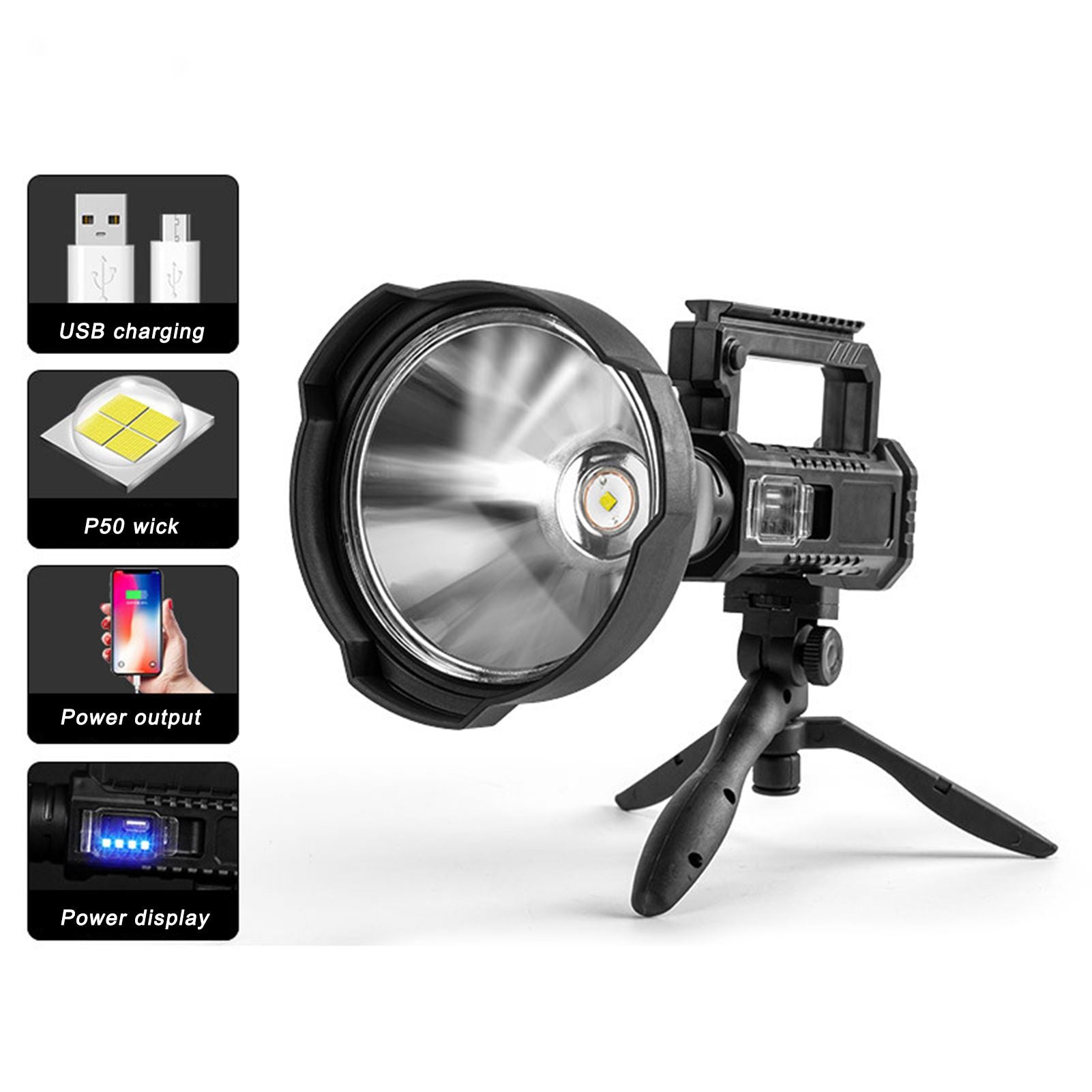 P50 Super Bright LED Searchlight Dual Light Source USB Rechargeable Waterproof Spotlight for Adventure Tourism V1294-YM0523-3119210344111