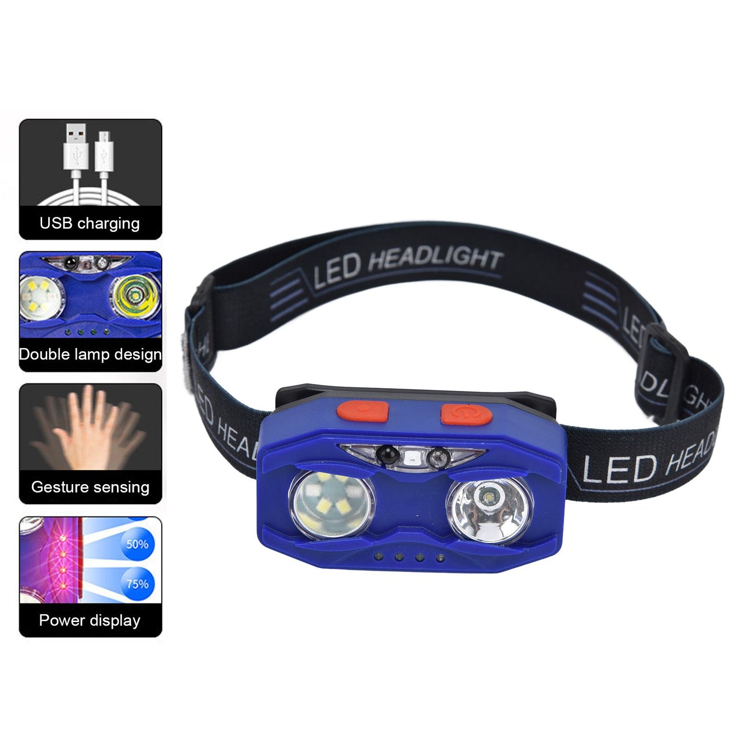 LED Headlamp Smart Switch Waving Induction USB Charging Waterproof Dual Light Source Adjustable Headband Light V1294-YM0523-3119220002011
