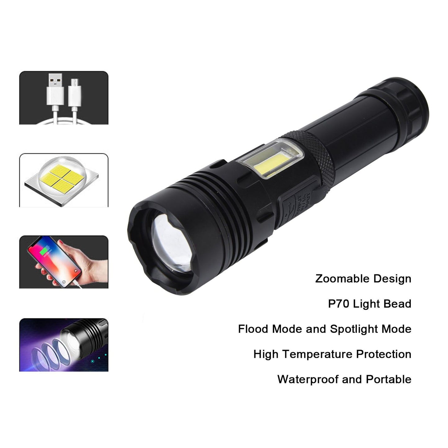 Glare Flashlight Super Bright Waterproof Zoomable with Power Display for Outdoor V1294-YM0523-3119220002211