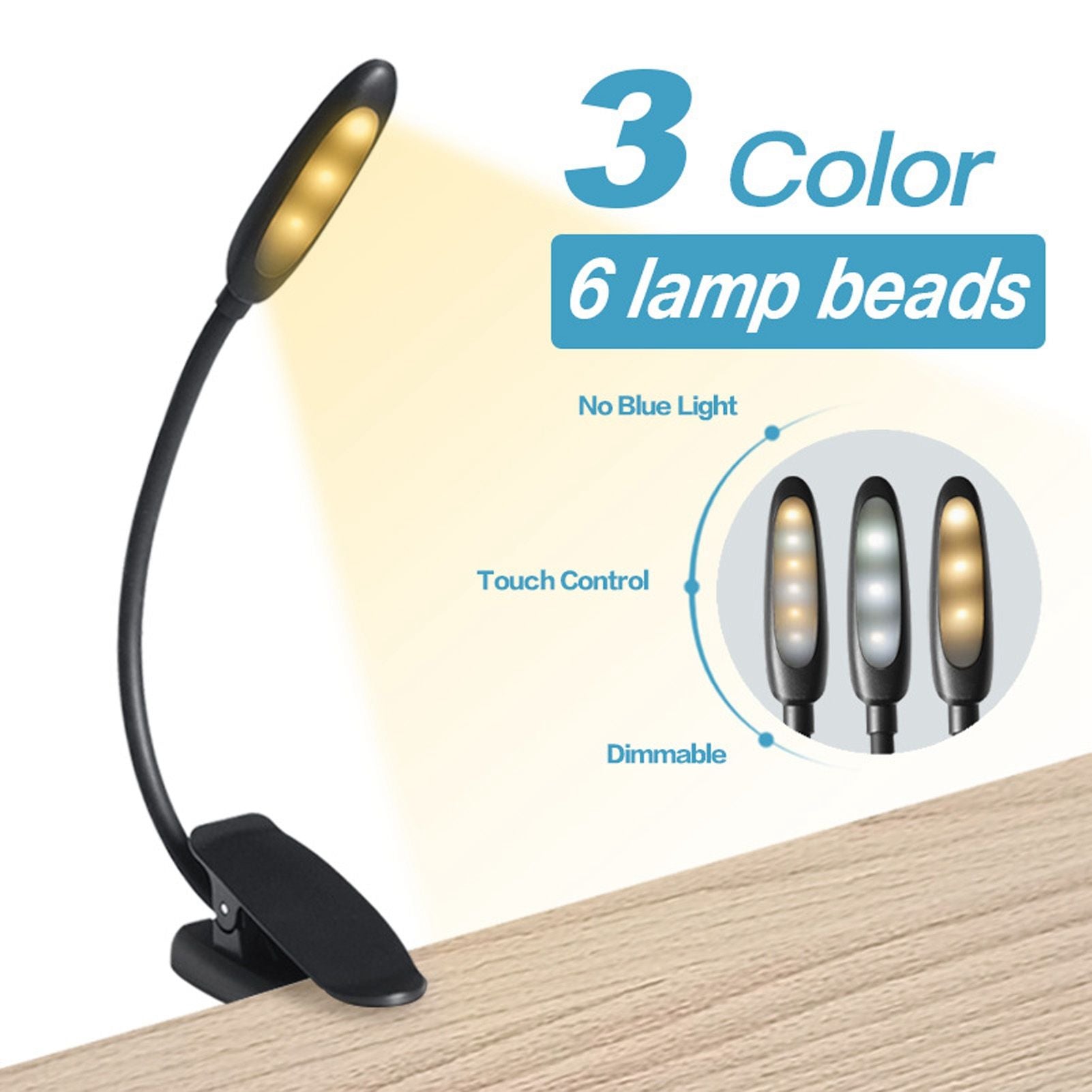 Clip On Light Reading Light 6 LED USB Charging Desk Lamp with 360 degrees Flexible Gooseneck Clamp for Desk V1294-YM0523-3119220003611