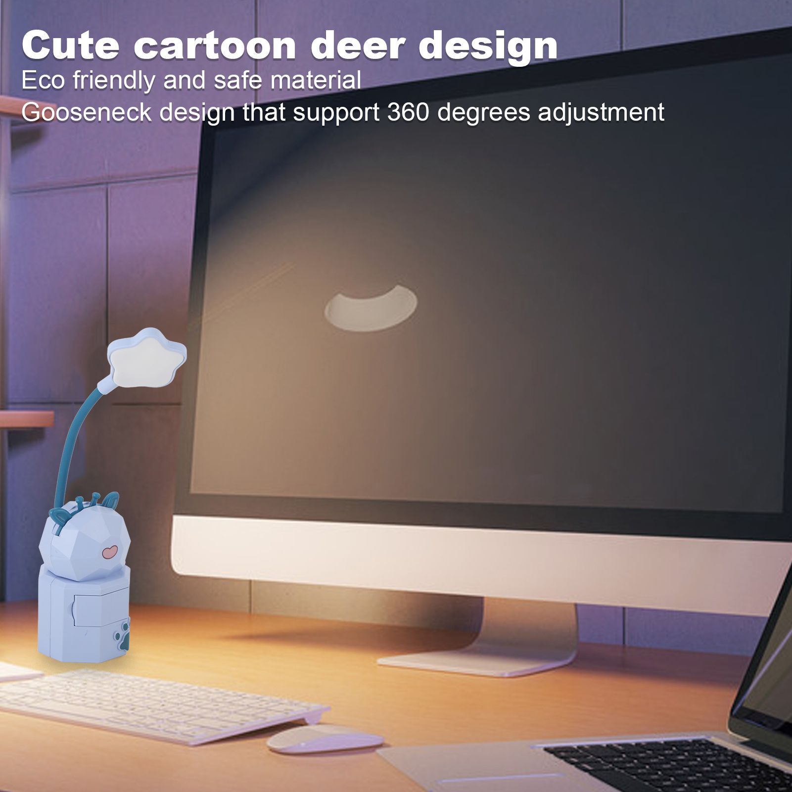 Kids Reading Light Cute Design USB Charging Warm Light 360 Degrees Gooseneck Adjustment Safe Material Kids V1294-YM0523-3119220006812
