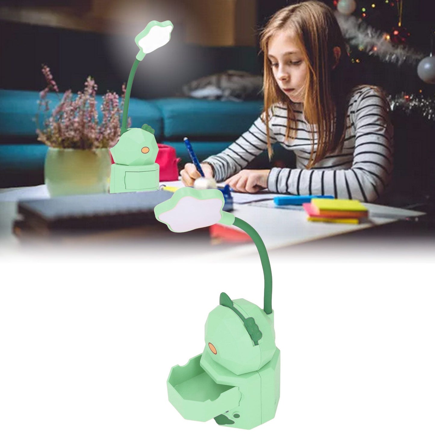 LED Desk Lamp USB Charging Warm Light Cute Cartoon Design Eye Protection Table Light with Storage BoxGreen V1294-YM0523-3119220006913