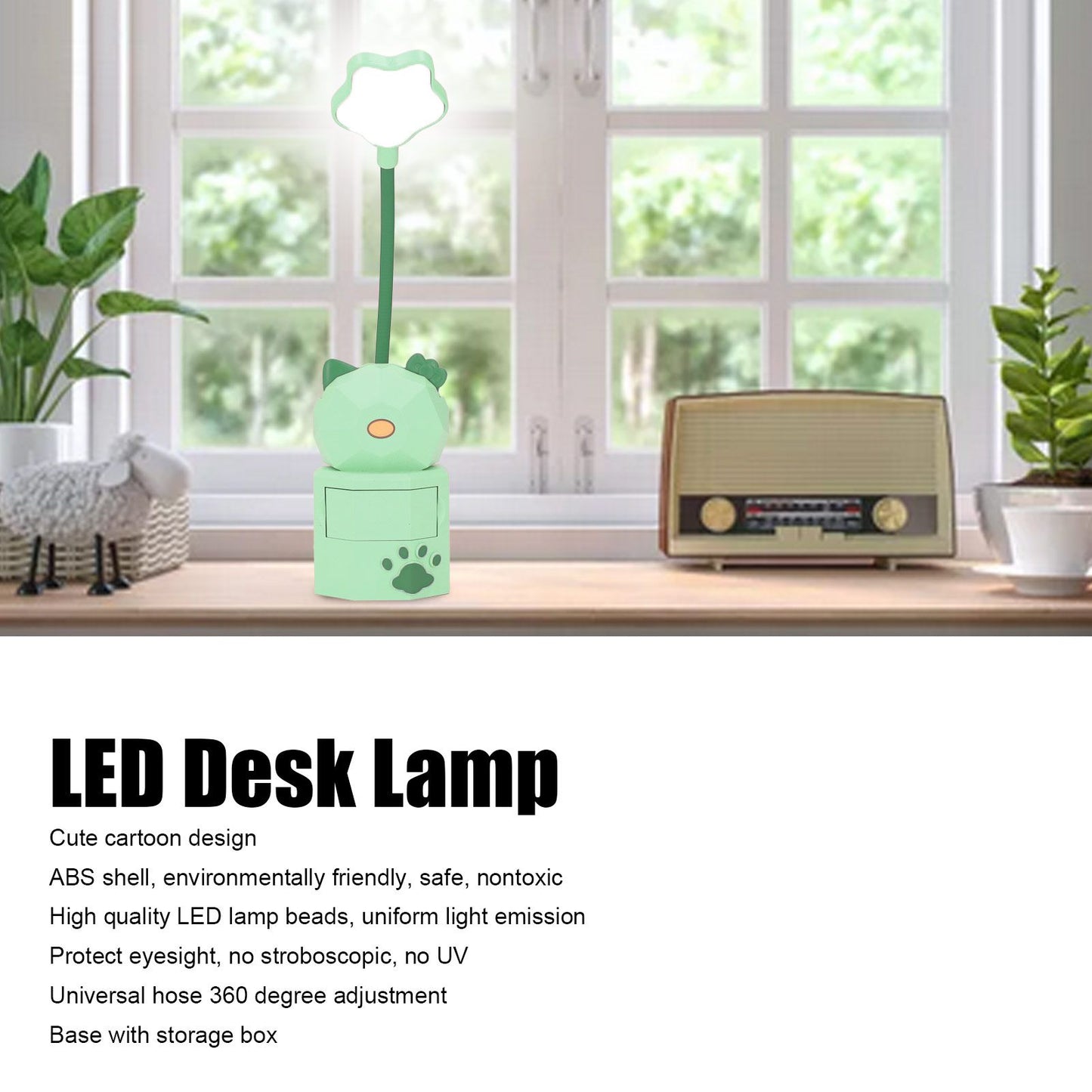 LED Desk Lamp USB Charging Warm Light Cute Cartoon Design Eye Protection Table Light with Storage BoxGreen V1294-YM0523-3119220006913