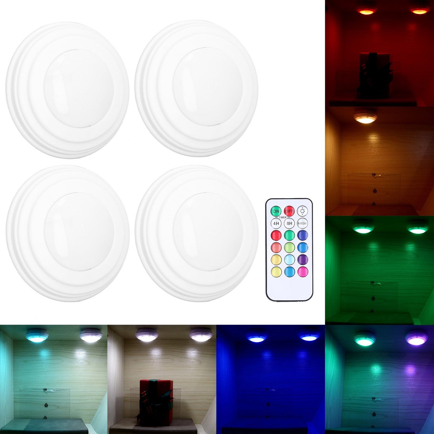 4Pcs LED Puck Light RGBW 13 Colors Modes Remote Control Punch Free Installation Energy Saving Wireless Led V1294-YM0523-3119220010011