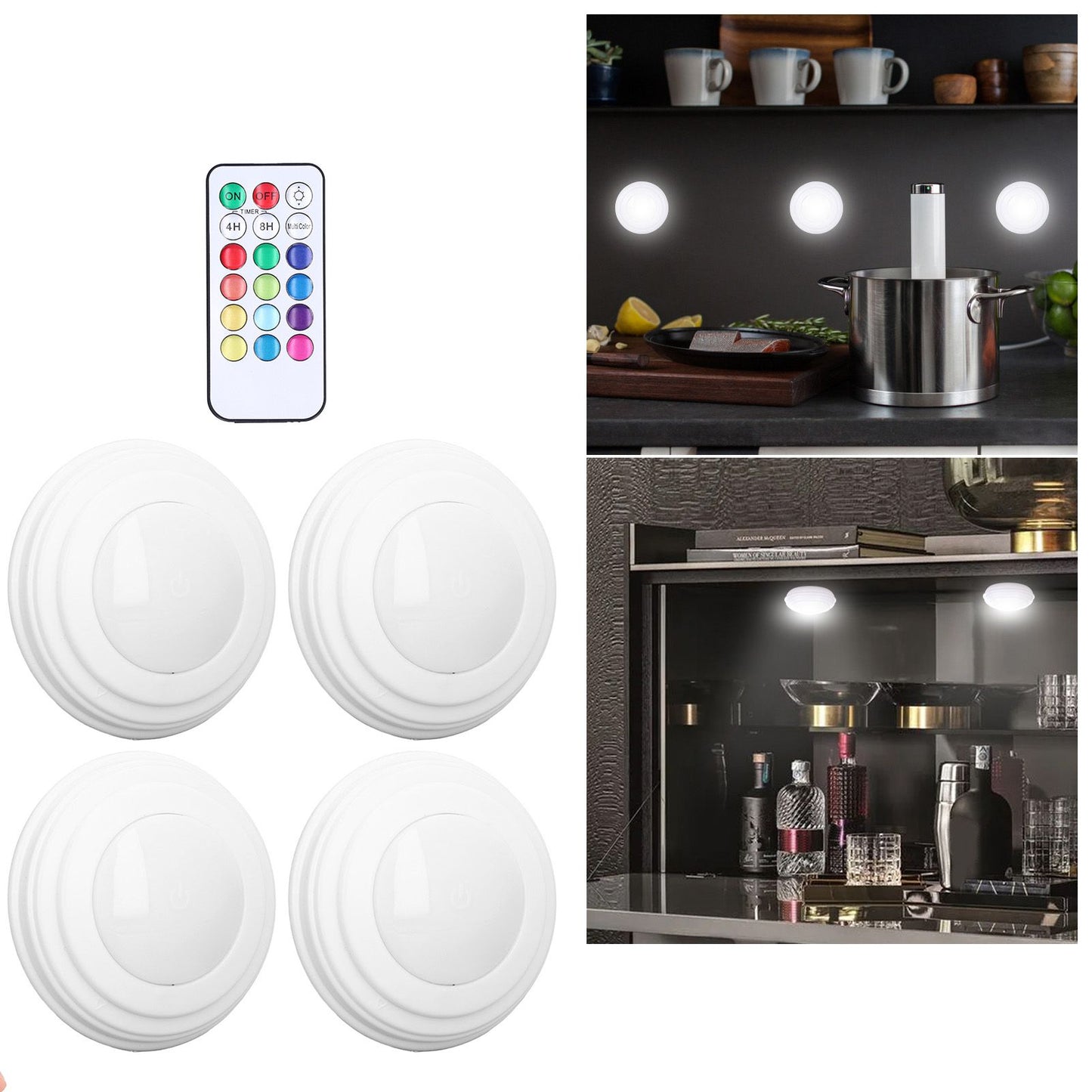 4Pcs LED Puck Light RGBW 13 Colors Modes Remote Control Punch Free Installation Energy Saving Wireless Led V1294-YM0523-3119220010011