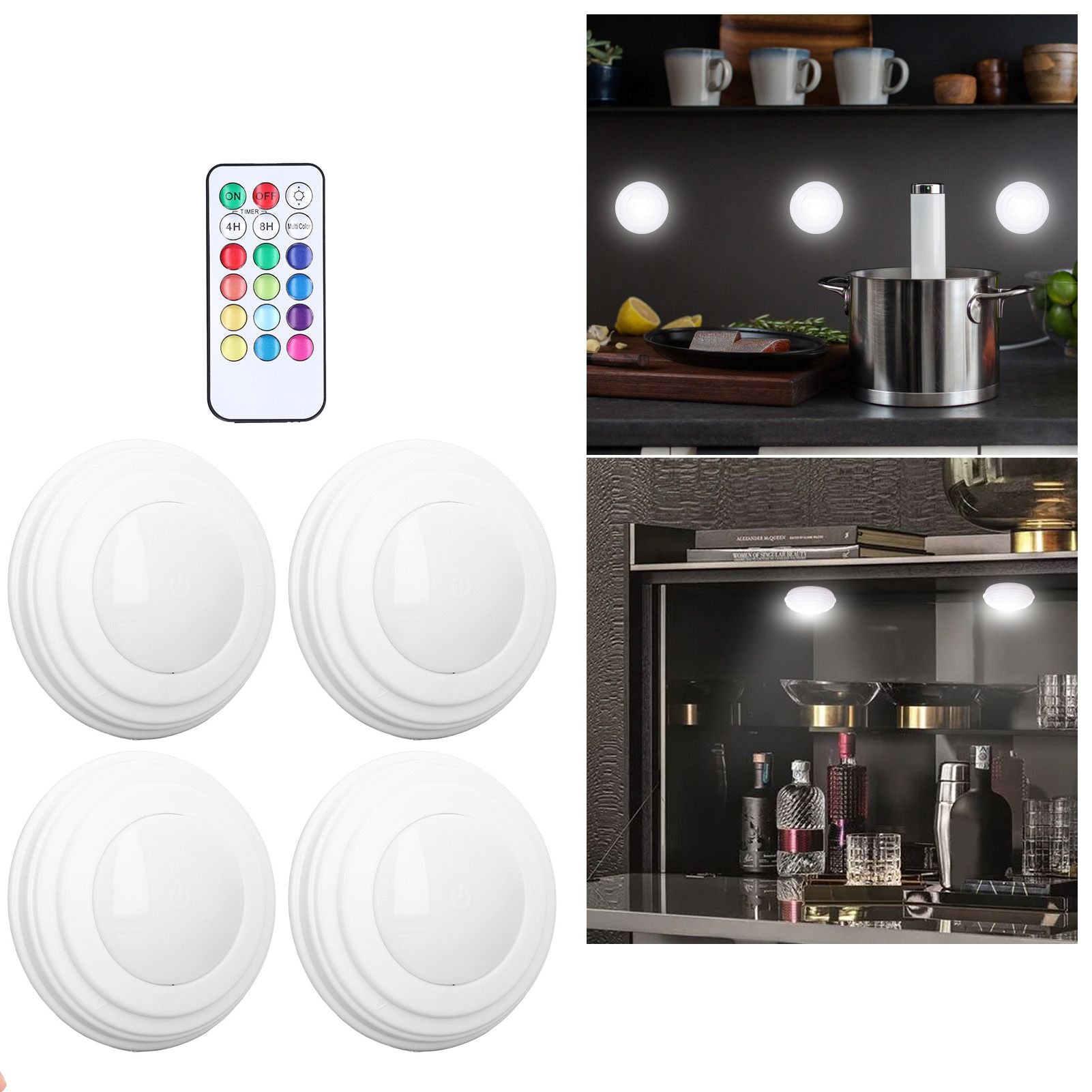 4Pcs LED Puck Light RGBW 13 Colors Modes Remote Control Punch Free Installation Energy Saving Wireless Led V1294-YM0523-3119220010011