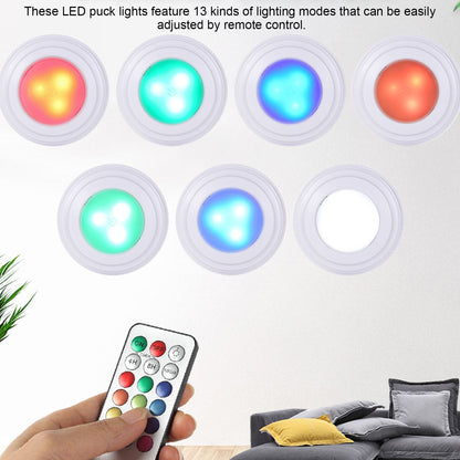 4Pcs LED Puck Light RGBW 13 Colors Modes Remote Control Punch Free Installation Energy Saving Wireless Led V1294-YM0523-3119220010011