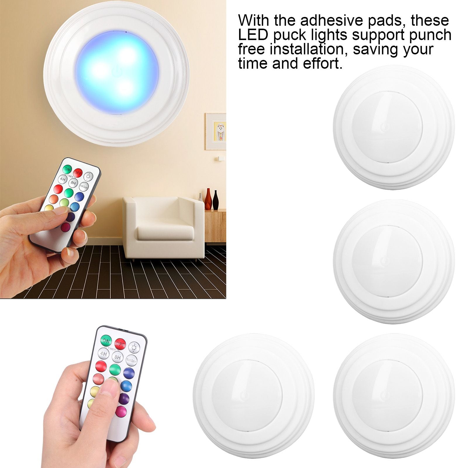 4Pcs LED Puck Light RGBW 13 Colors Modes Remote Control Punch Free Installation Energy Saving Wireless Led V1294-YM0523-3119220010011