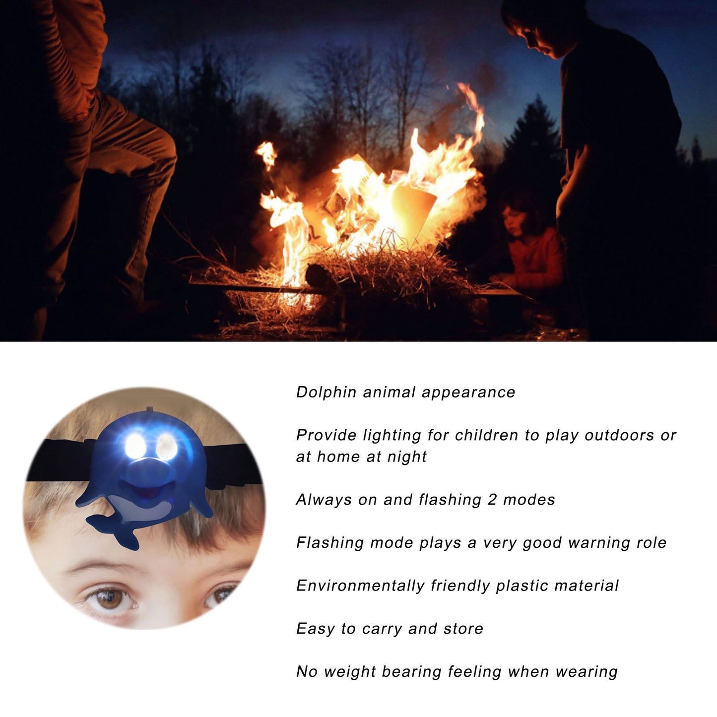 Kids Headlamp Blue Dolphin Shape Eco Friendly Plastic 2 Lighting Modes Portable Battery Powered Headlight for V1294-YM0523-3119220016811