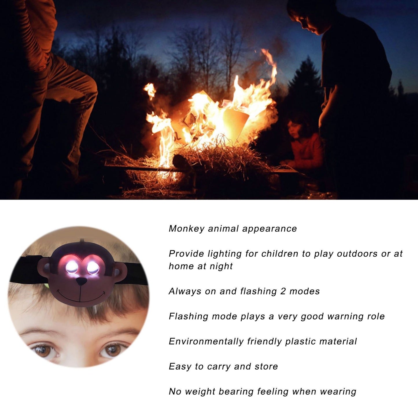 Kids Headlamp Monkey Appearance 2 Lighting Modes Battery Powered Lightweight Plastic LED Headlight for V1294-YM0523-3119220017411