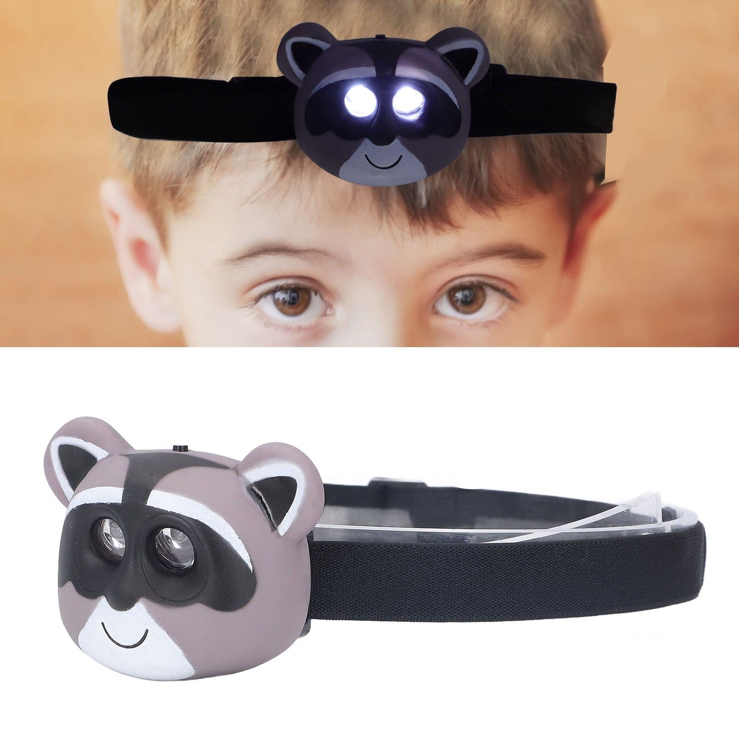 Kids Headlamp Raccoon Appearance 2 Lighting Modes Lightweight Battery Powered Plastic LED Headlight for V1294-YM0523-3119220017511