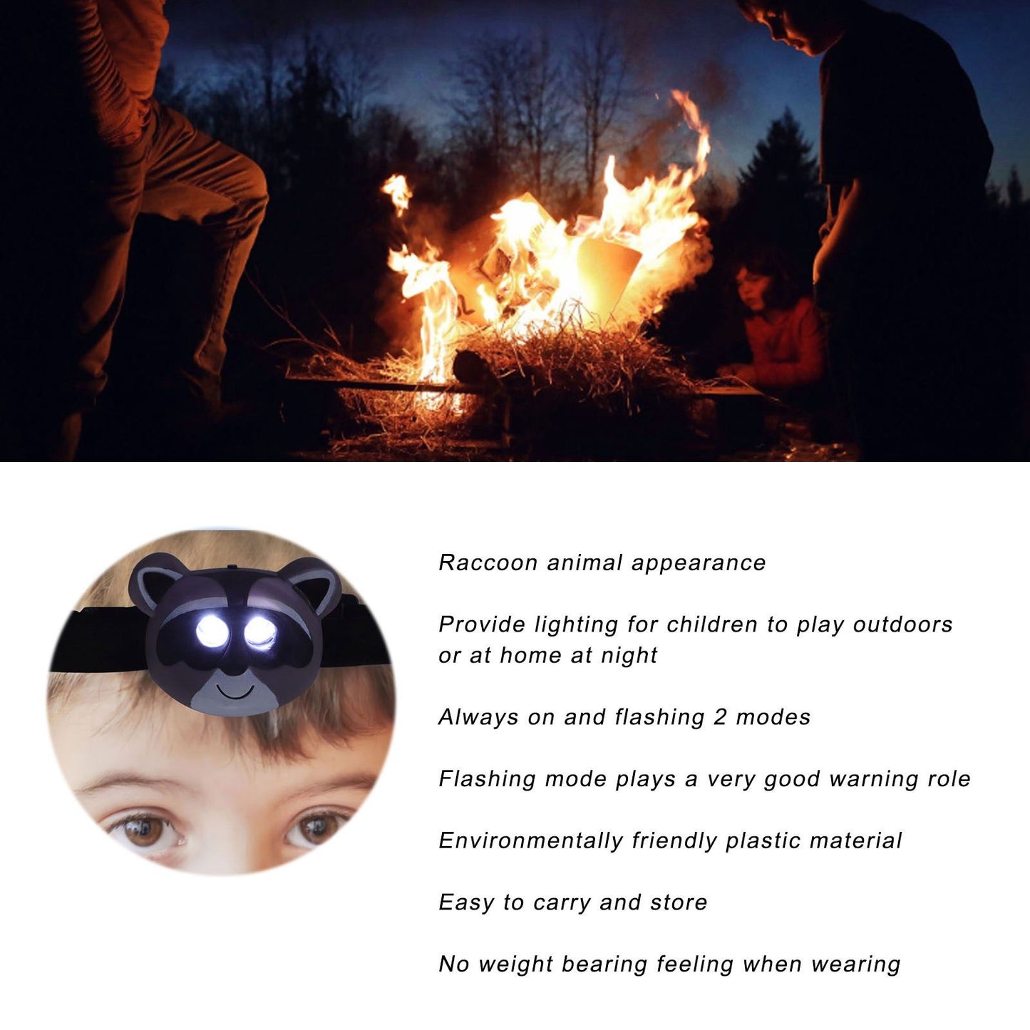 Kids Headlamp Raccoon Appearance 2 Lighting Modes Lightweight Battery Powered Plastic LED Headlight for V1294-YM0523-3119220017511