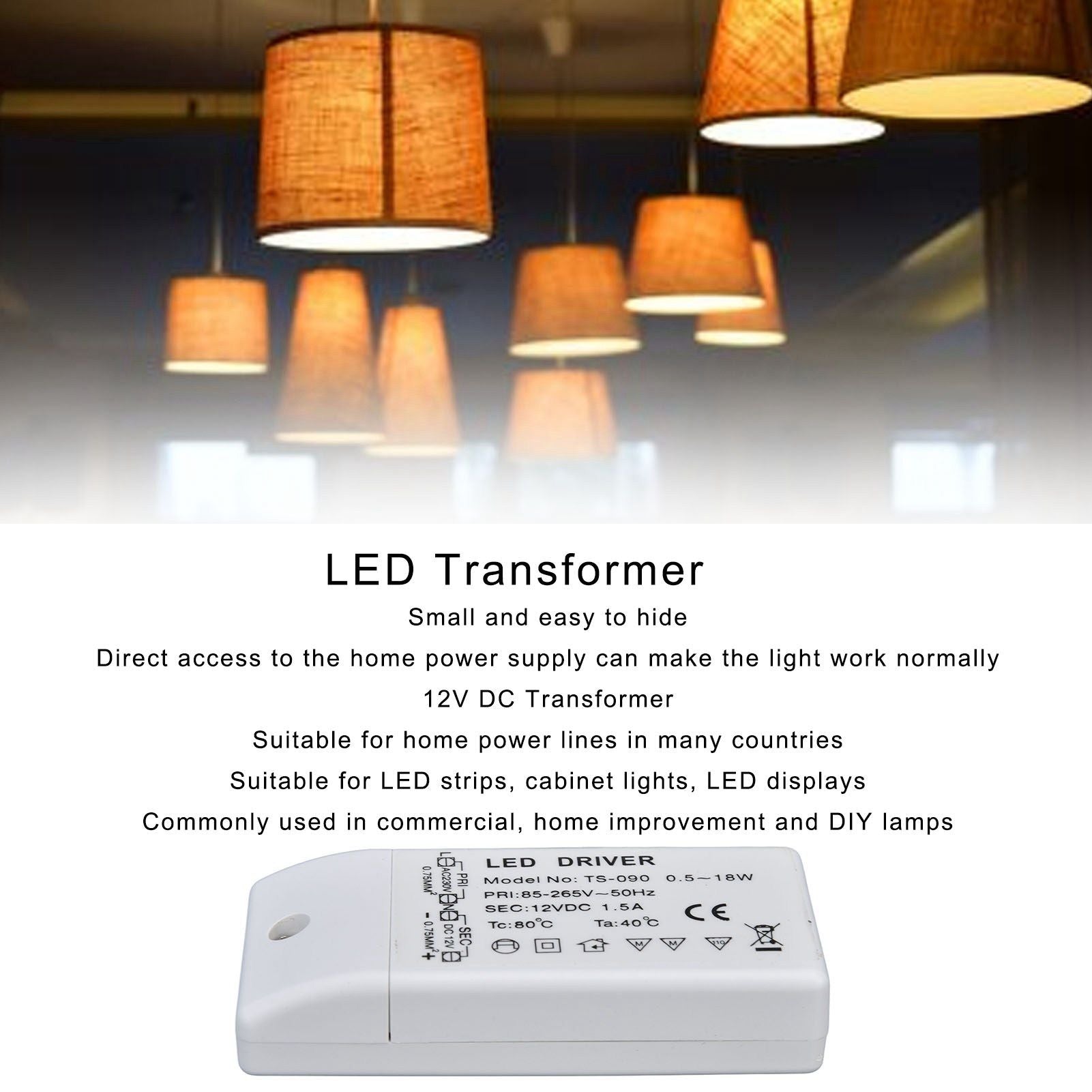 LED Transformer 18W 12VDC 1.5A Constant Current LED Driver for Cabinet Light DIY Lamp AC 85-265V V1294-YM0523-3119220024011