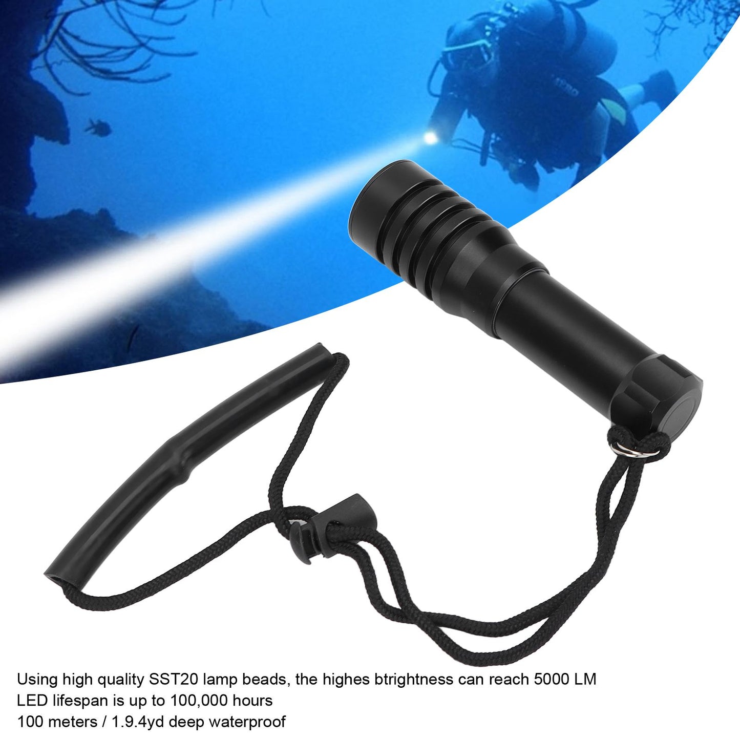 5000LM Diving Flashlight Underwater Diving Light 100m Depth Waterproof Torch for Night Fishing Canping V1294-YM0523-3119220026411
