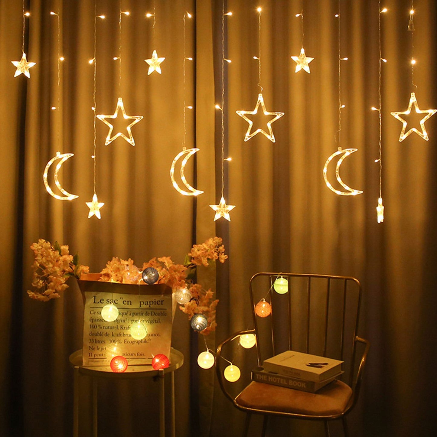 Star Moon Curtain String Lights Romantic Ambience Battery Powered 126 LED Ramadan Curtain Lights for Weddings V1294-YM0523-3119220030611