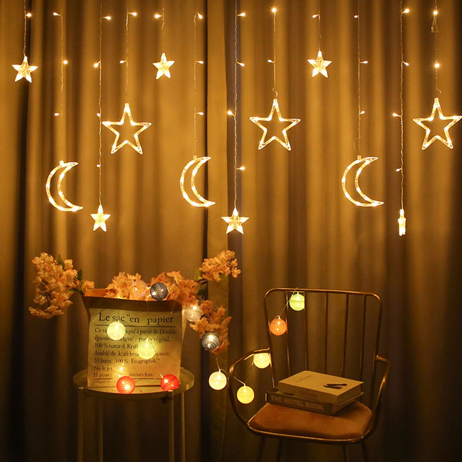 Star Moon Curtain String Lights Romantic Ambience Battery Powered 126 LED Ramadan Curtain Lights for Weddings V1294-YM0523-3119220030611