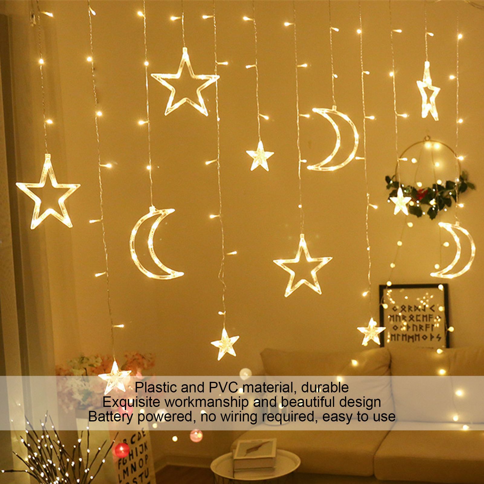 Star Moon Curtain String Lights Romantic Ambience 2 Lighting Modes 126 LED Ramadan Curtain Lights for V1294-YM0523-3119220030711